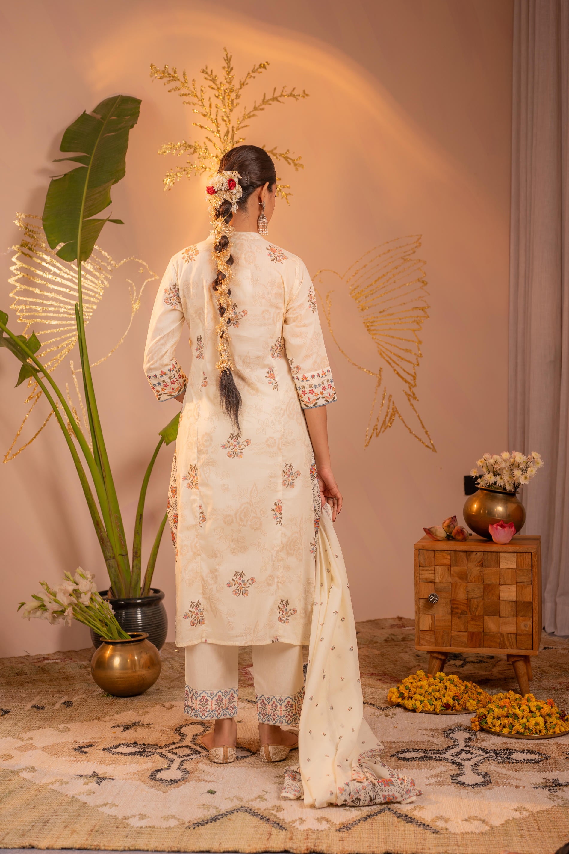 Off-White Embroidered Kurta Set with Dupatta