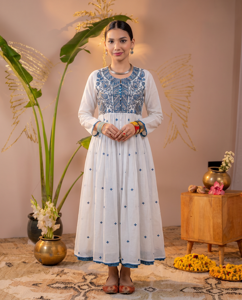 White Embroidered Cotton Anarkali Long Dress