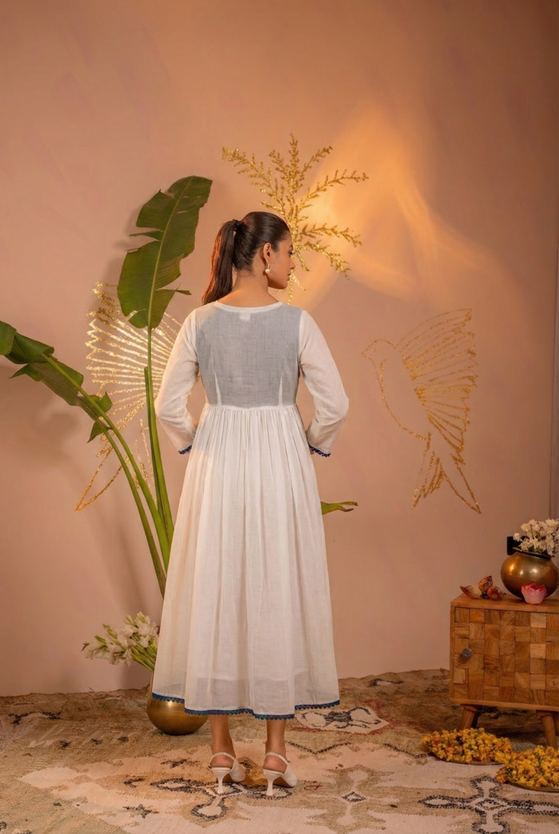 White Embroidered Cotton Anarkali Long Dress