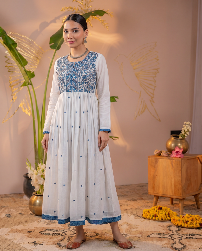 White Embroidered Cotton Anarkali Long Dress