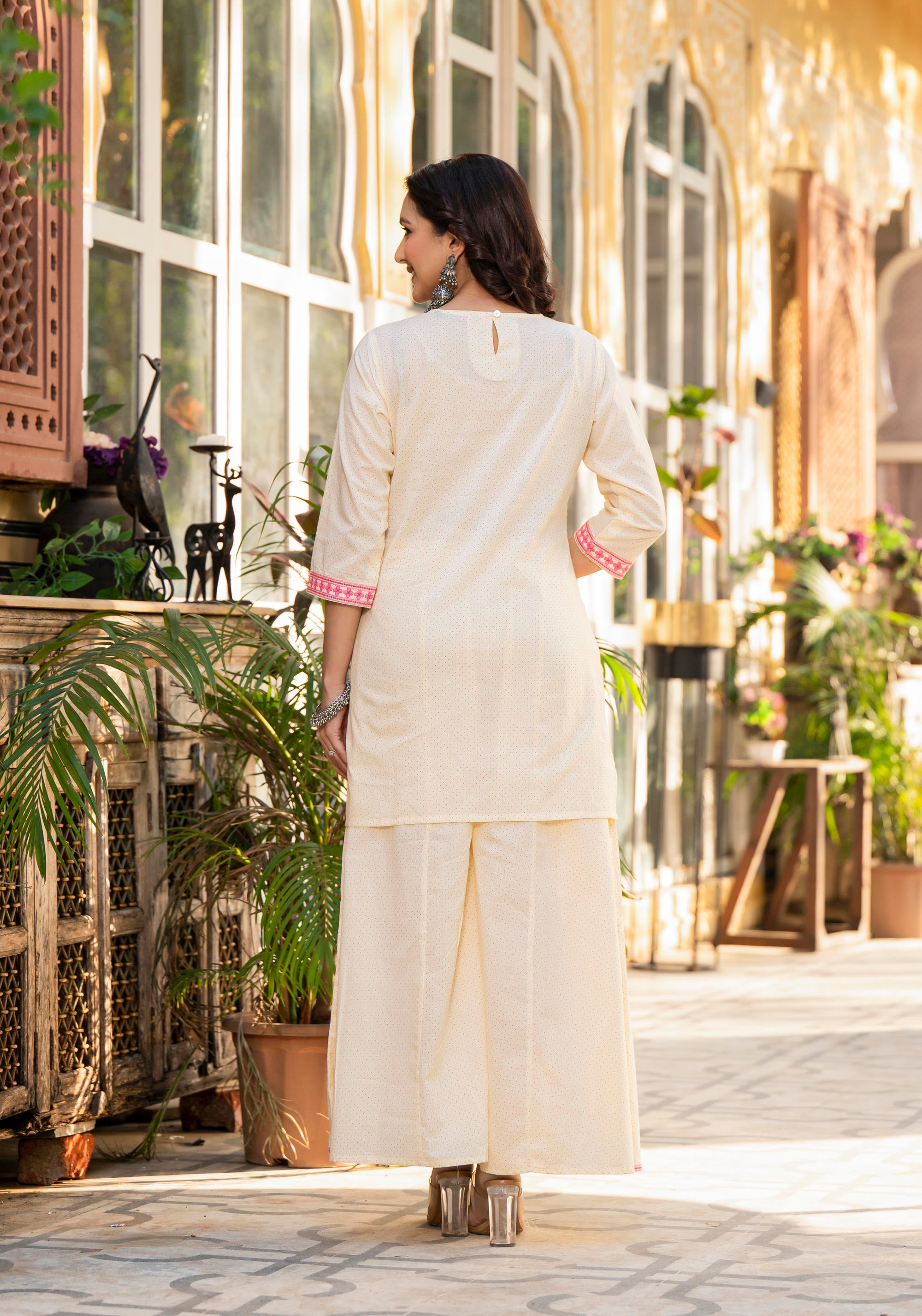 Ivory Ethnic Motif Printed Cotton Kurta Palazzo And Dupatta Set With Thread & Mirror Work