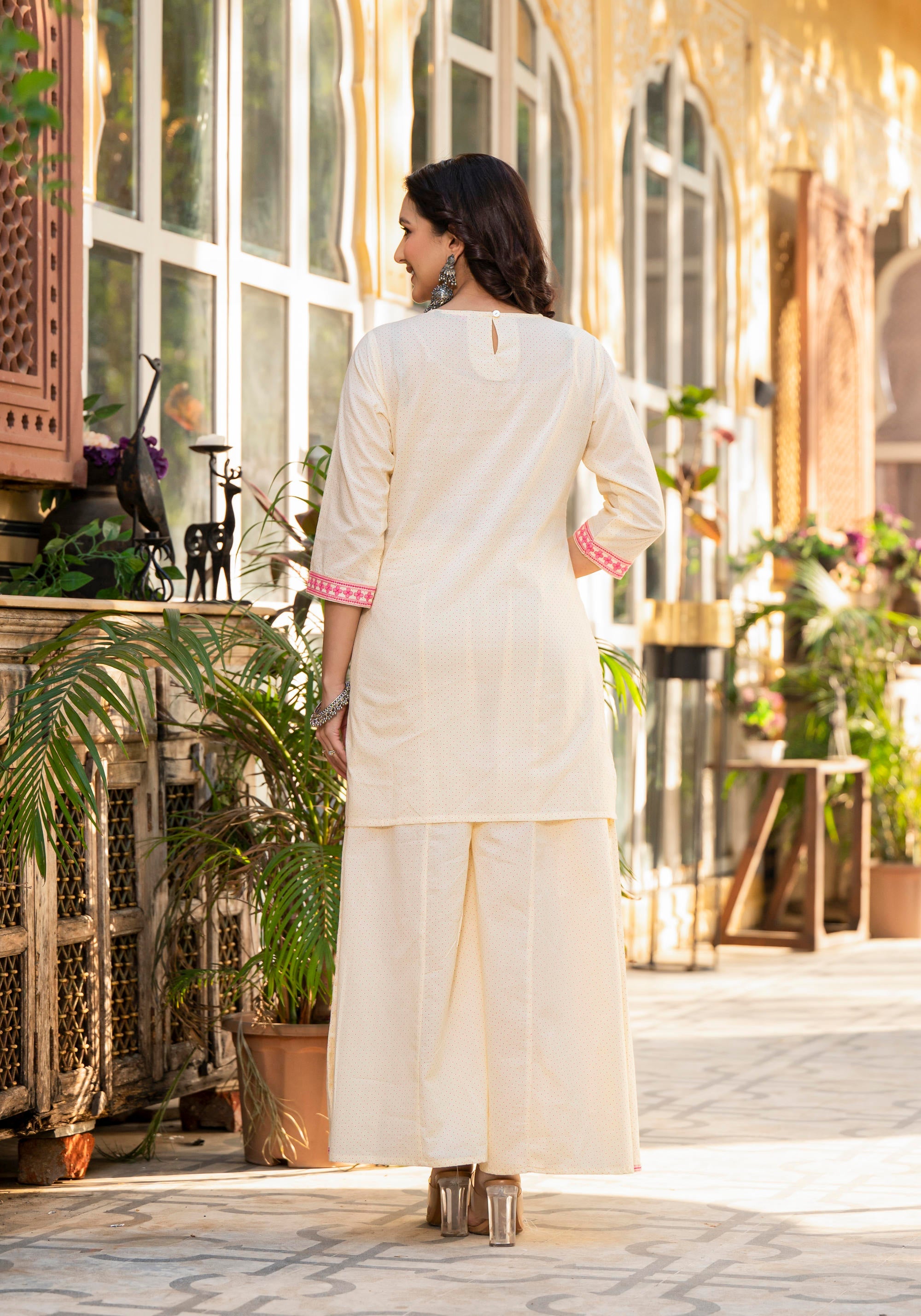 Ivory Ethnic Motif Printed Cotton Kurta Palazzo And Dupatta Set With Thread & Mirror Work