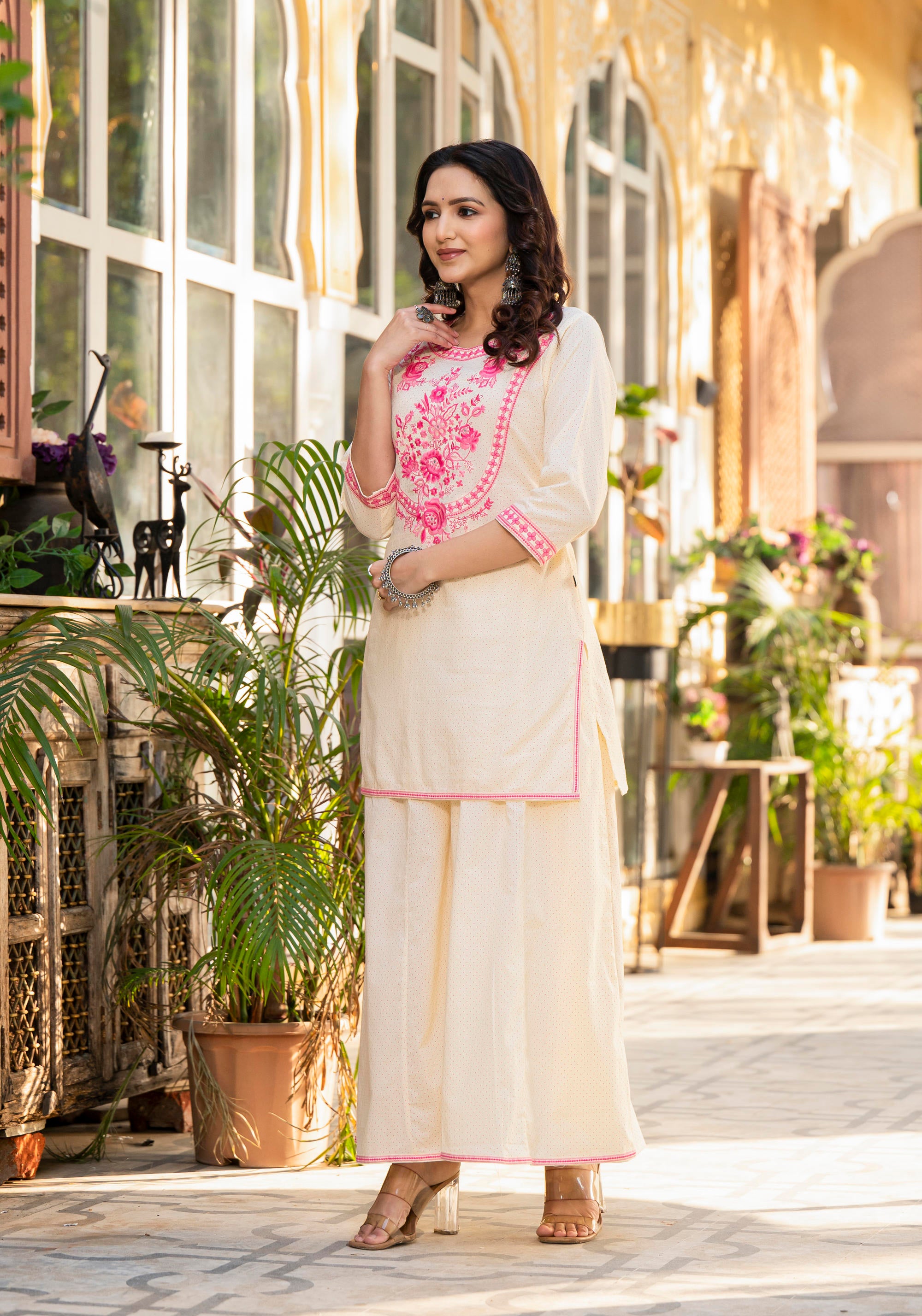 Ivory Ethnic Motif Printed Cotton Kurta Palazzo And Dupatta Set With Thread & Mirror Work