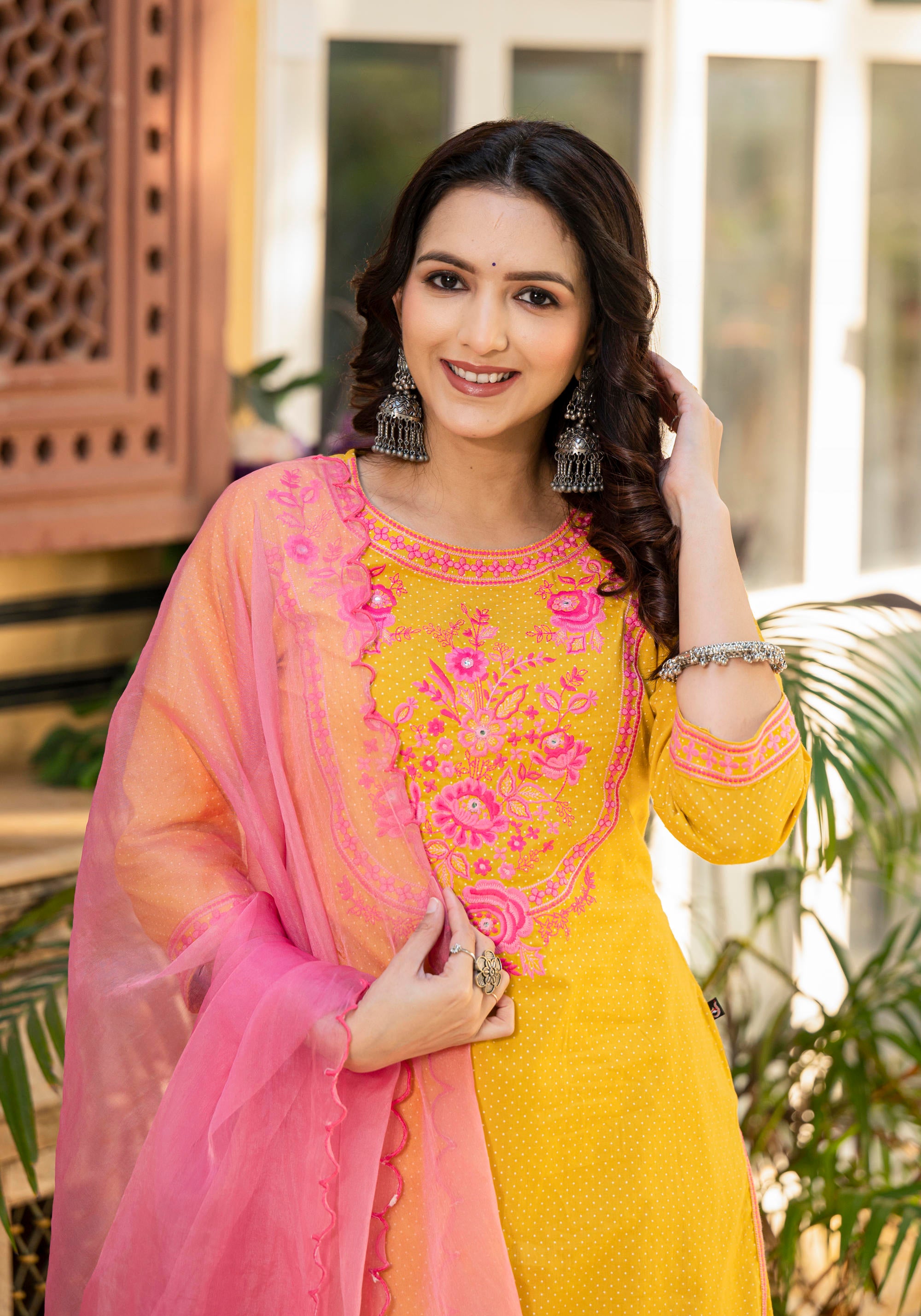Mustard Ethnic Motif Printed Cotton Kurta Palazzo And Dupatta Set With Thread & Mirror Work