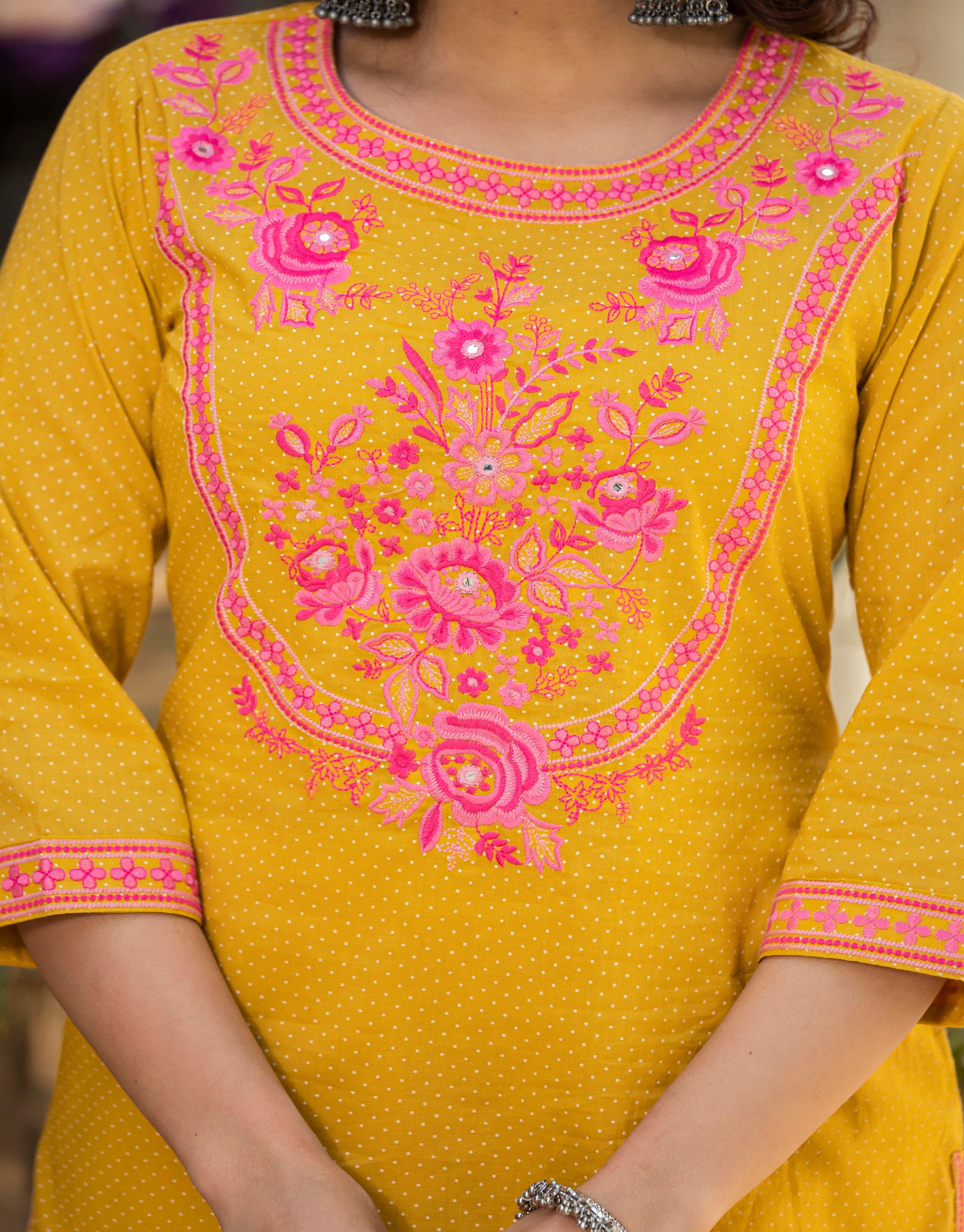 Mustard Ethnic Motif Printed Cotton Kurta Palazzo And Dupatta Set With Thread & Mirror Work