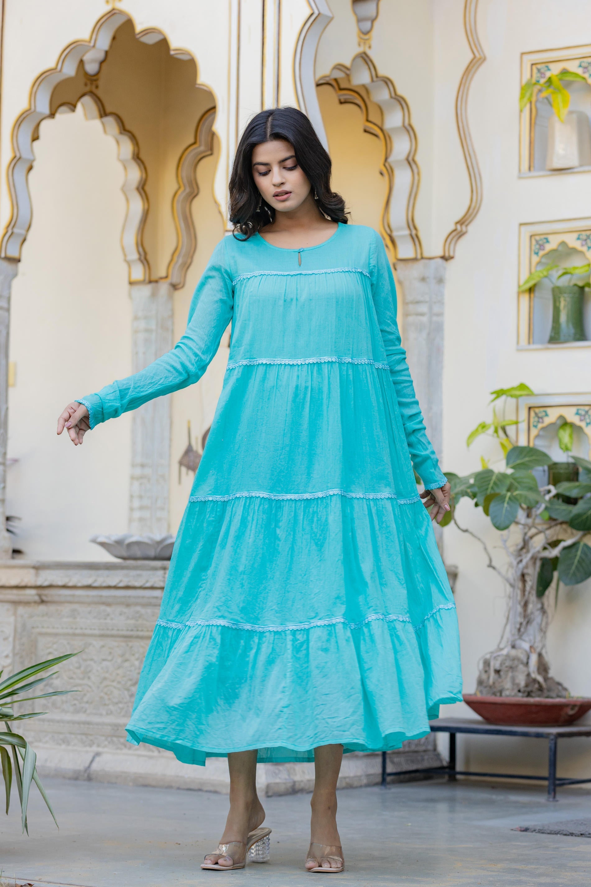 Blue Solid Cotton Long Dress With Lace