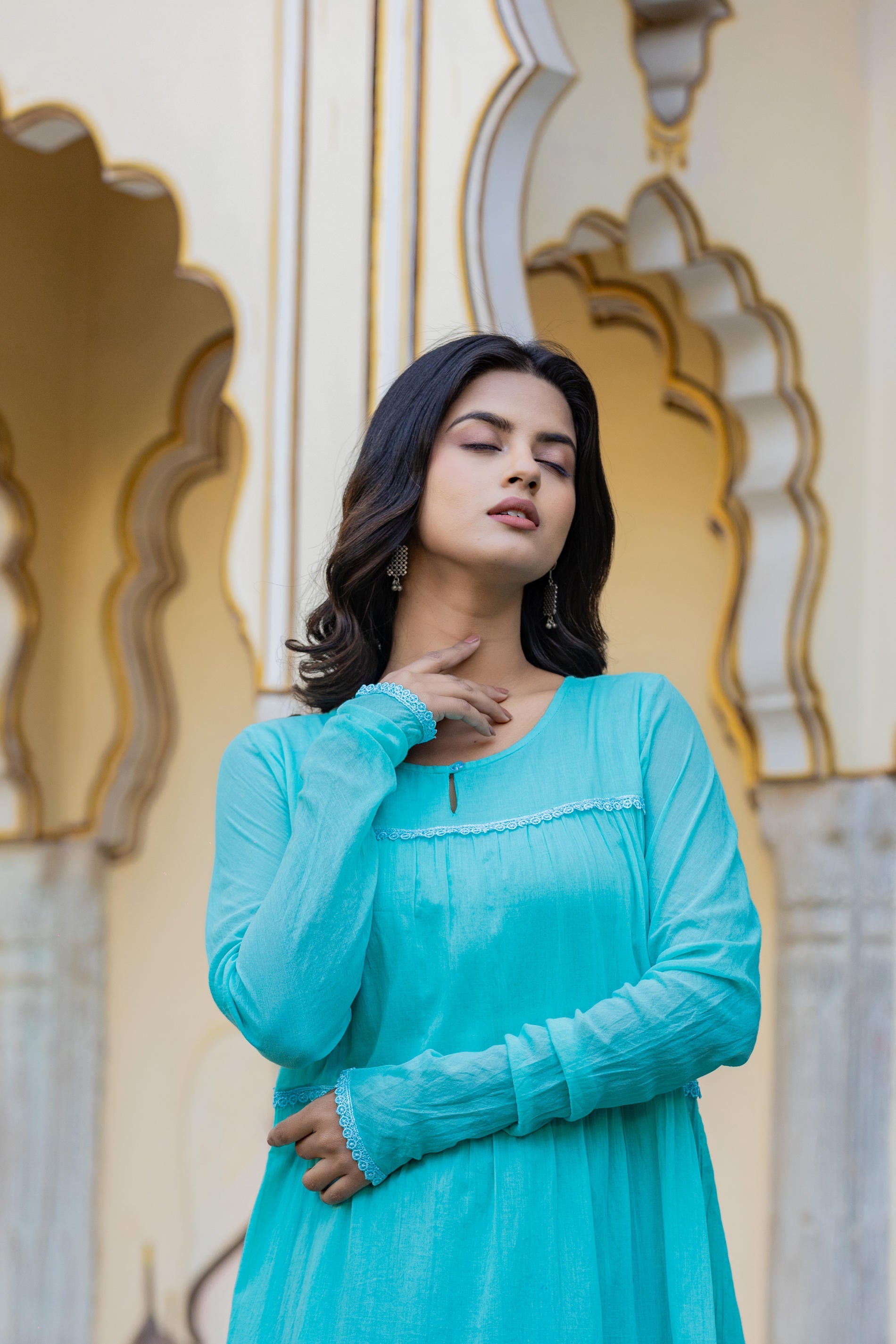 Blue Solid Cotton Long Dress With Lace