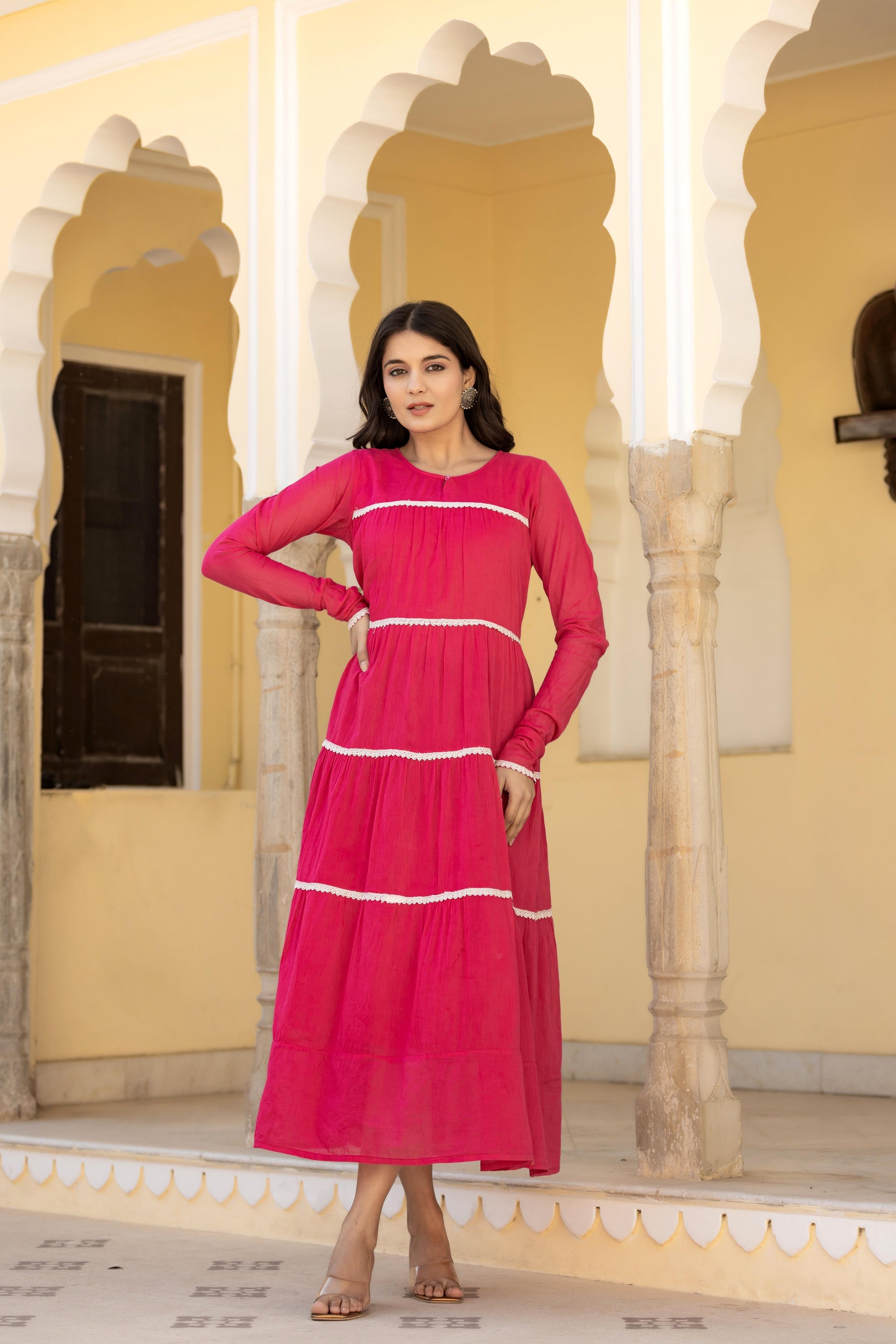 Fuchsia Tiered Ethnic Maxi Dress with Lace Inserts