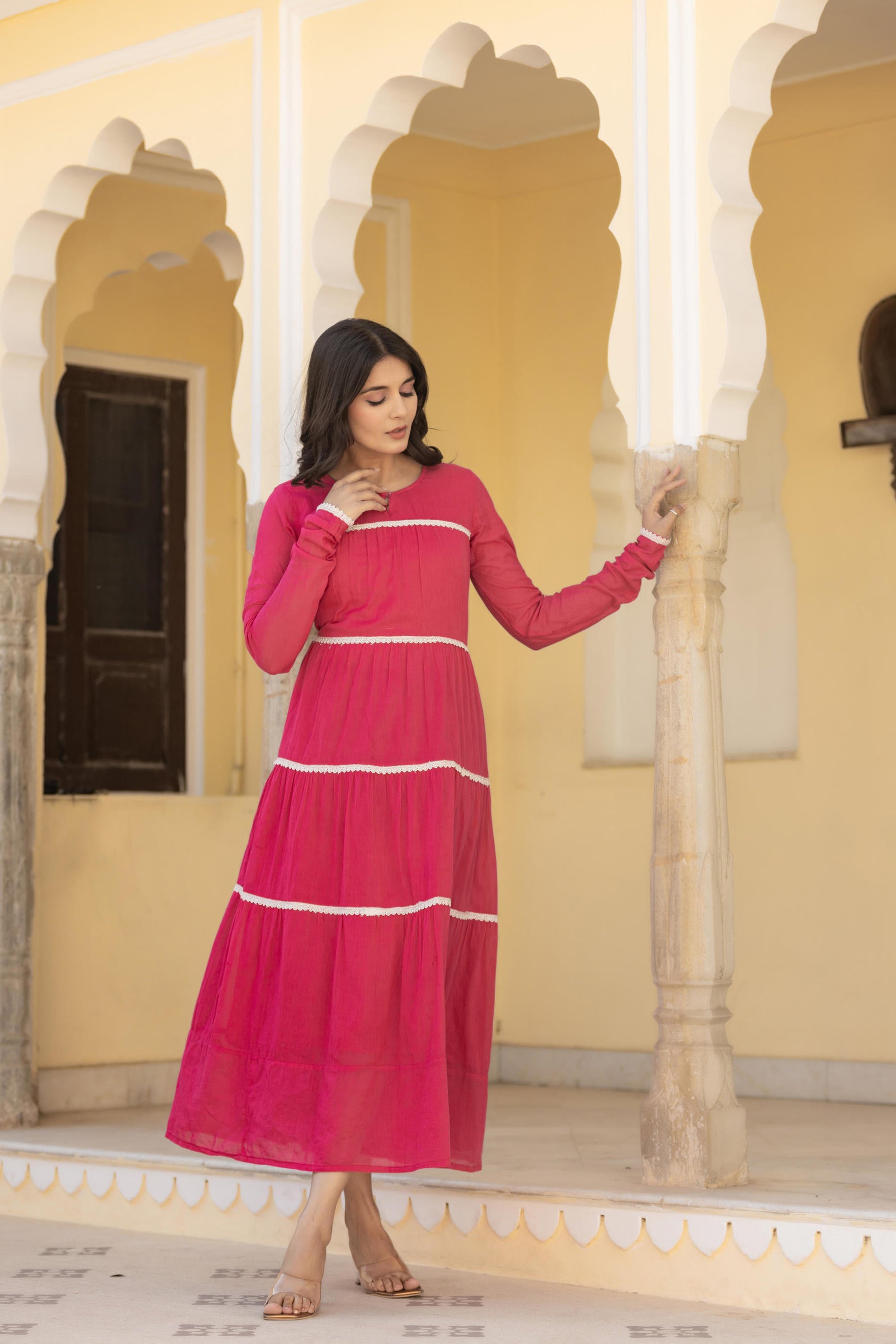 Fuchsia Tiered Ethnic Maxi Dress with Lace Inserts