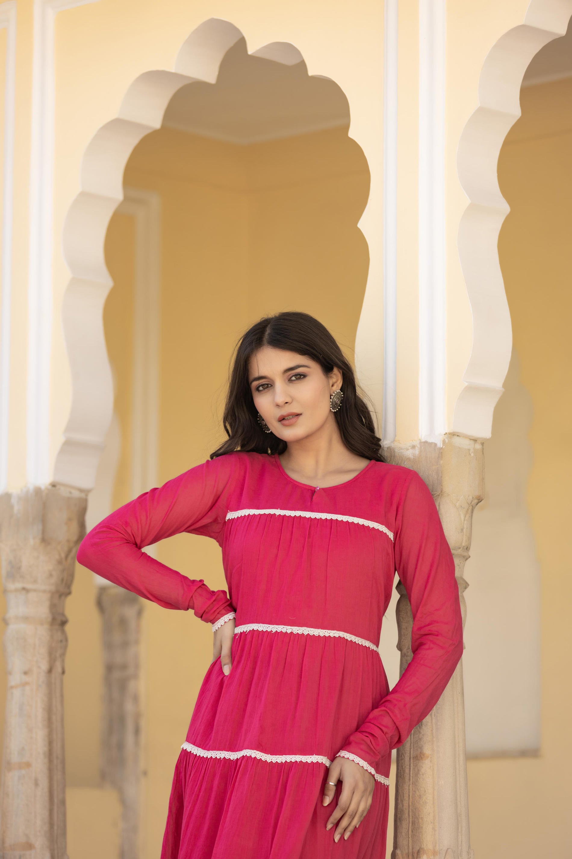 Fuchsia Tiered Ethnic Maxi Dress with Lace Inserts