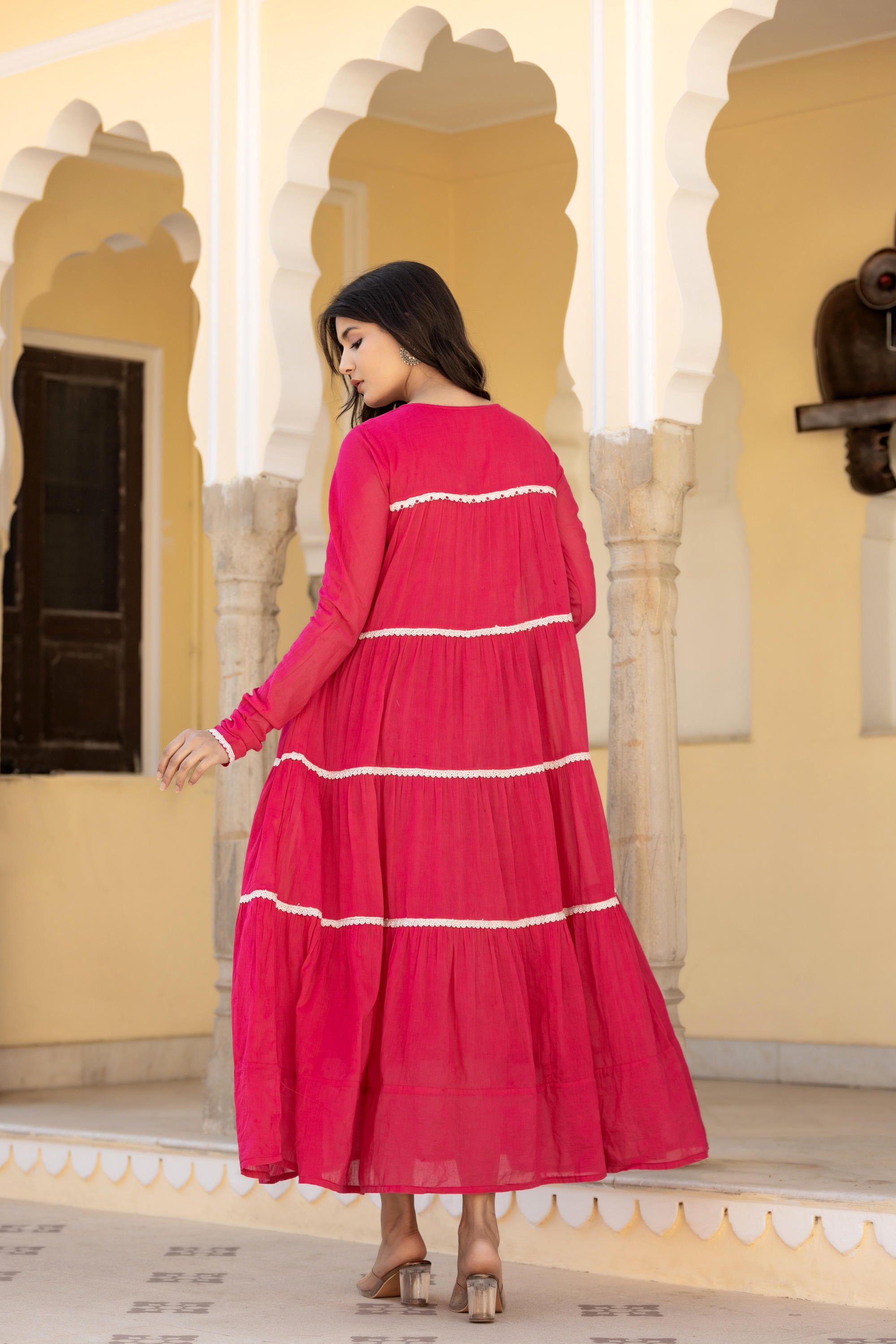 Fuchsia Tiered Ethnic Maxi Dress with Lace Inserts