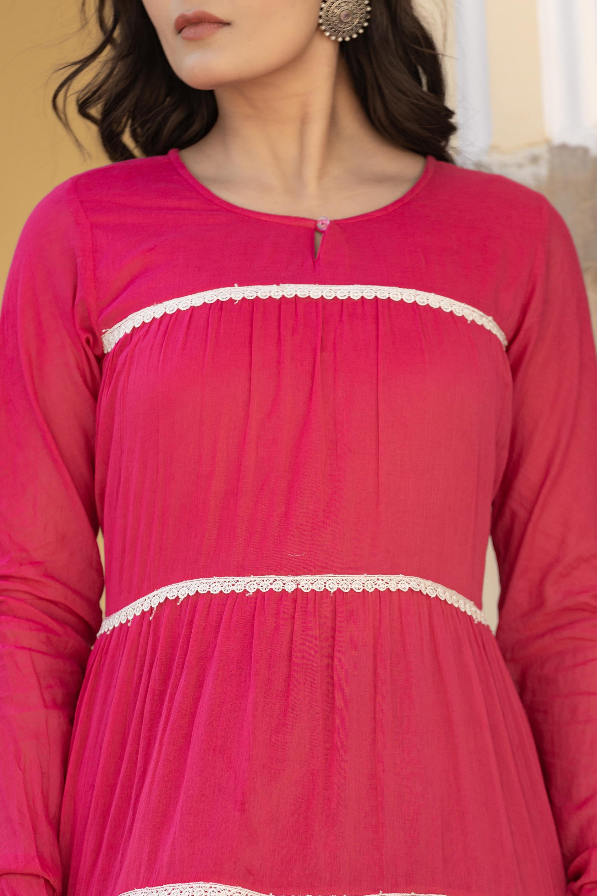 Fuchsia Tiered Ethnic Maxi Dress with Lace Inserts