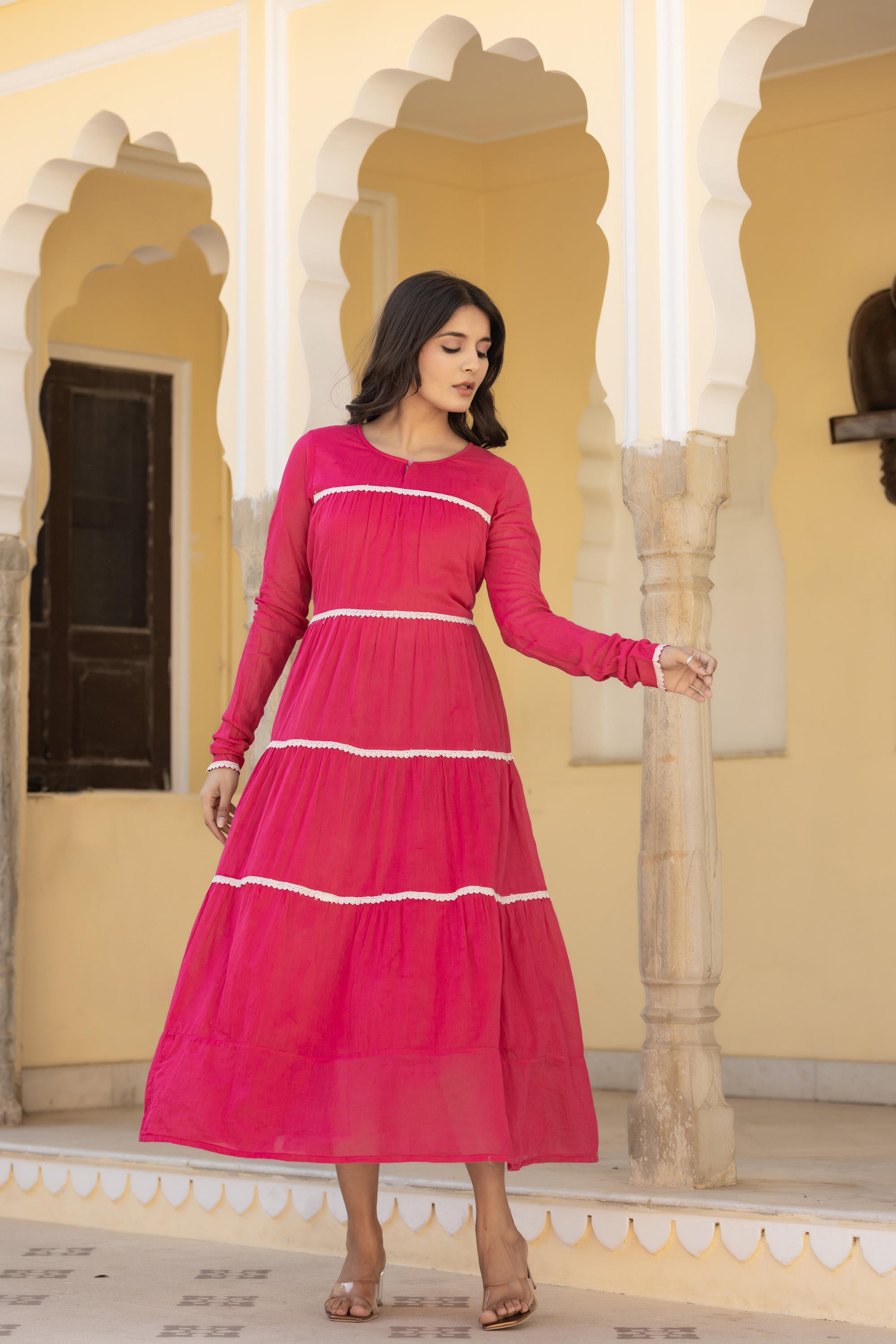 Fuchsia Tiered Ethnic Maxi Dress with Lace Inserts