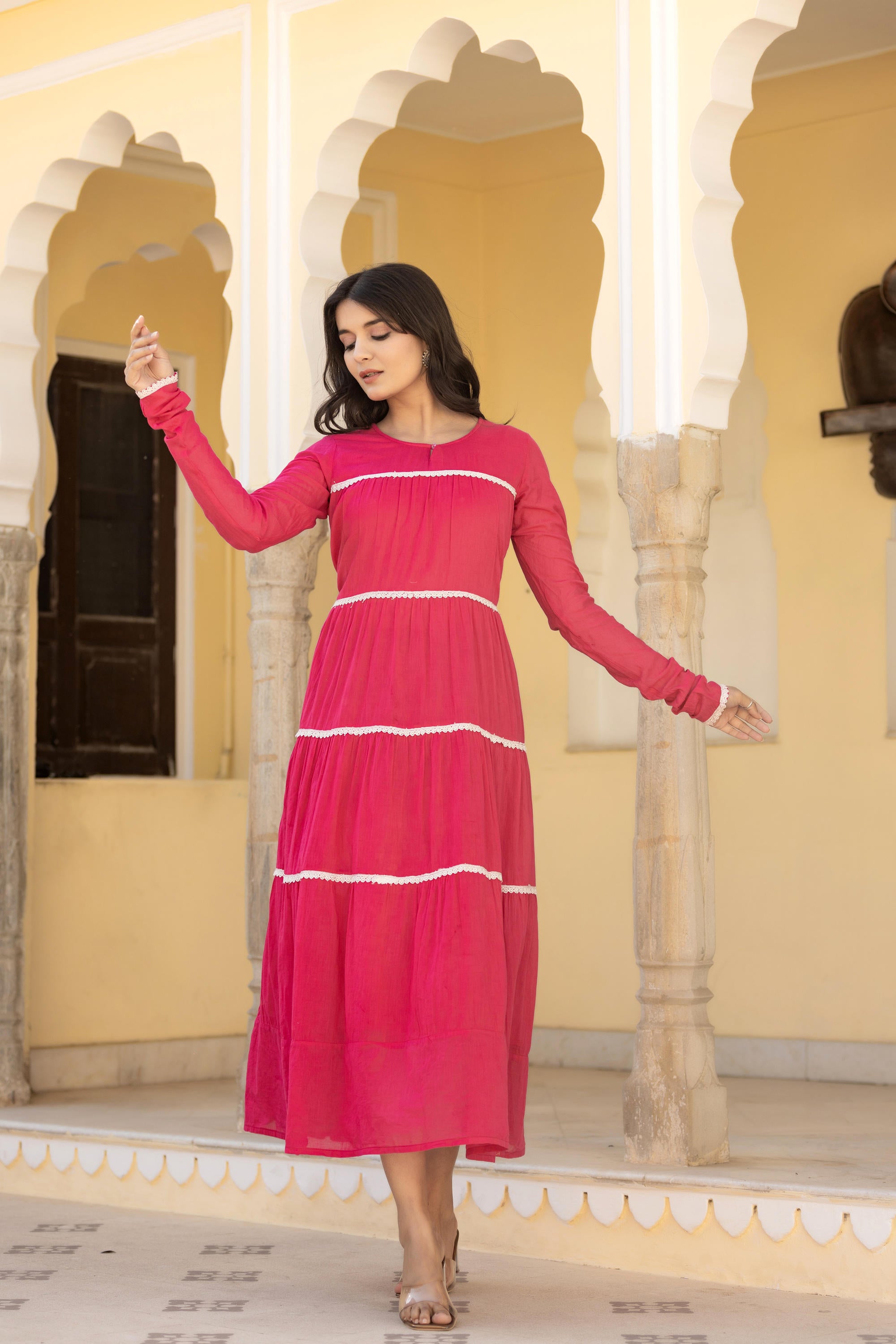 Fuchsia Tiered Ethnic Maxi Dress with Lace Inserts