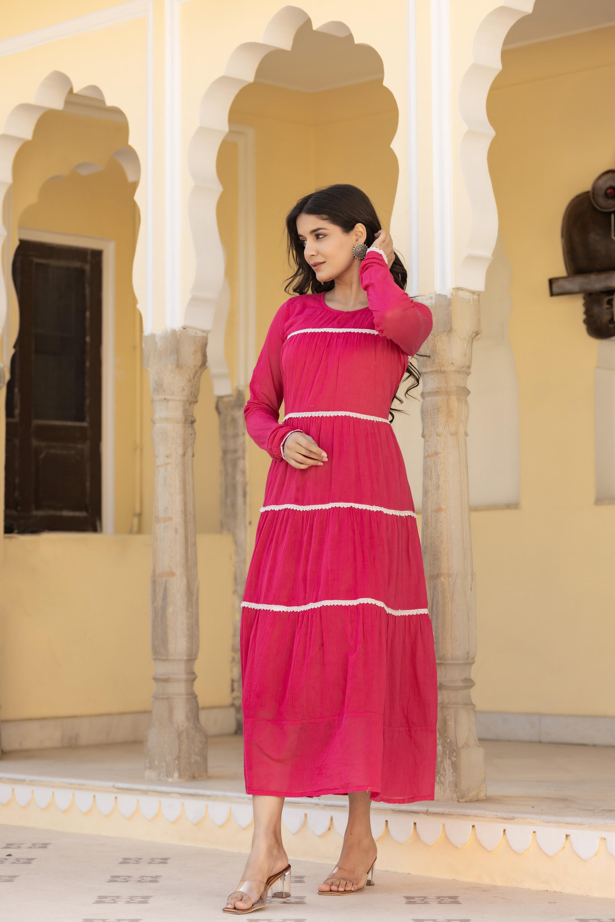 Fuchsia Tiered Ethnic Maxi Dress with Lace Inserts