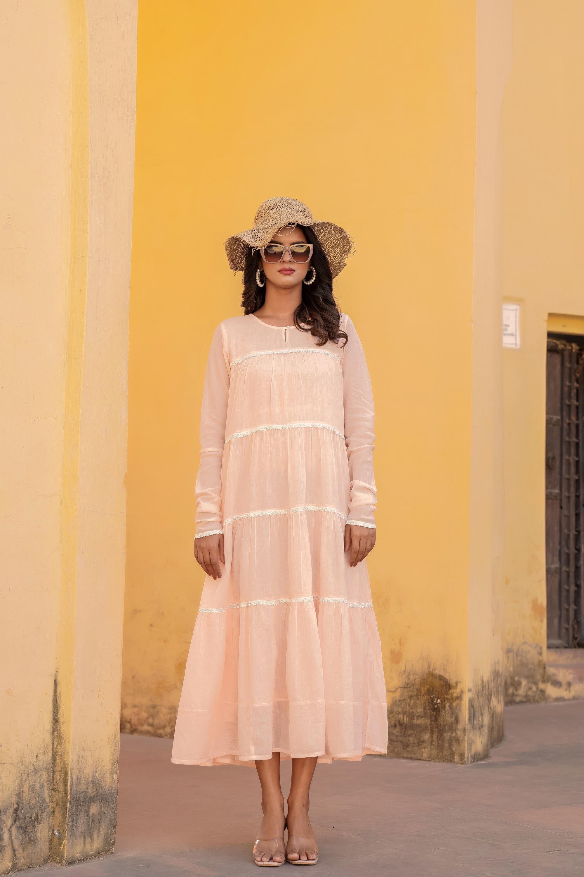 Peach Tiered Ethnic Maxi Dress with Lace Inserts