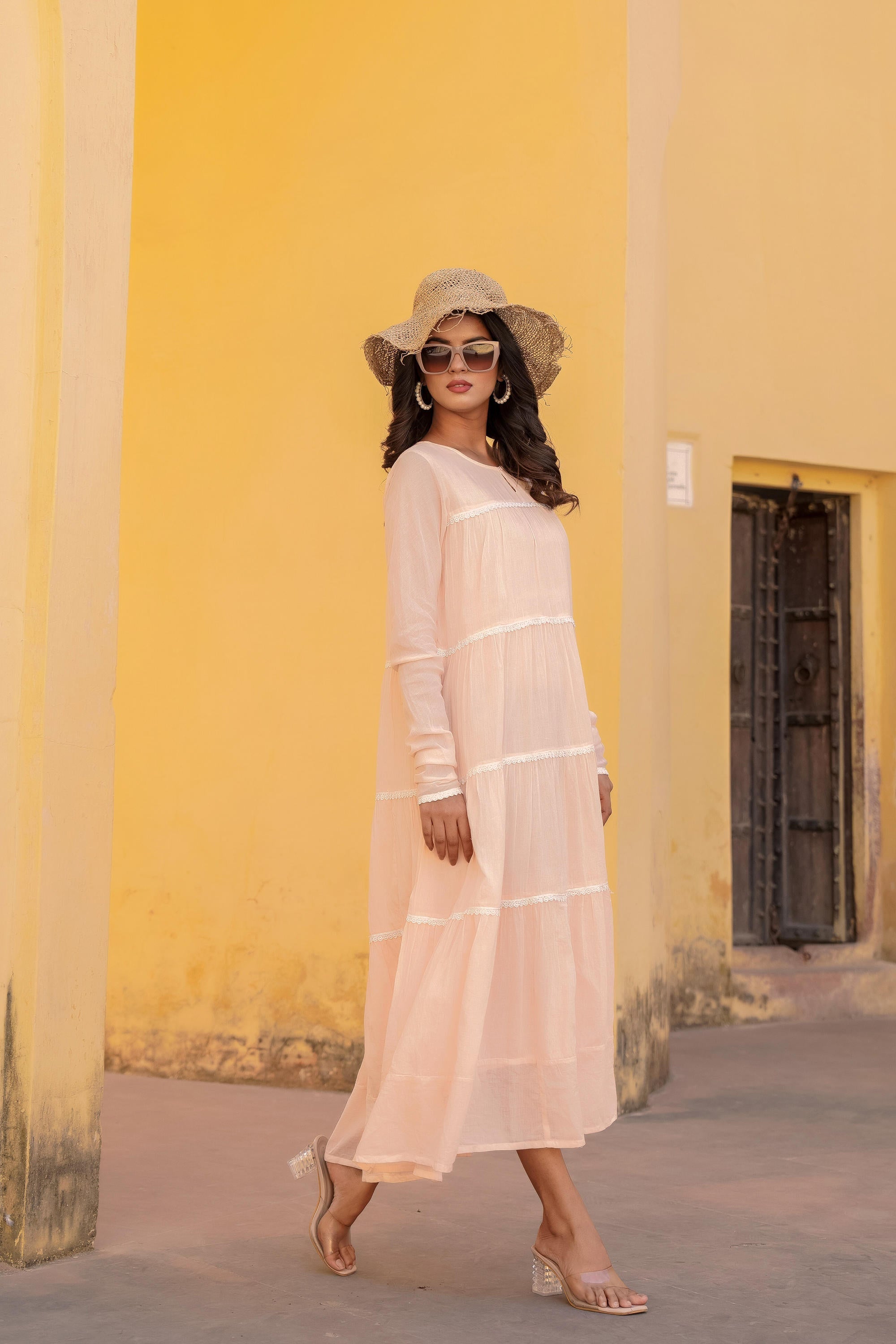 Peach Tiered Ethnic Maxi Dress with Lace Inserts