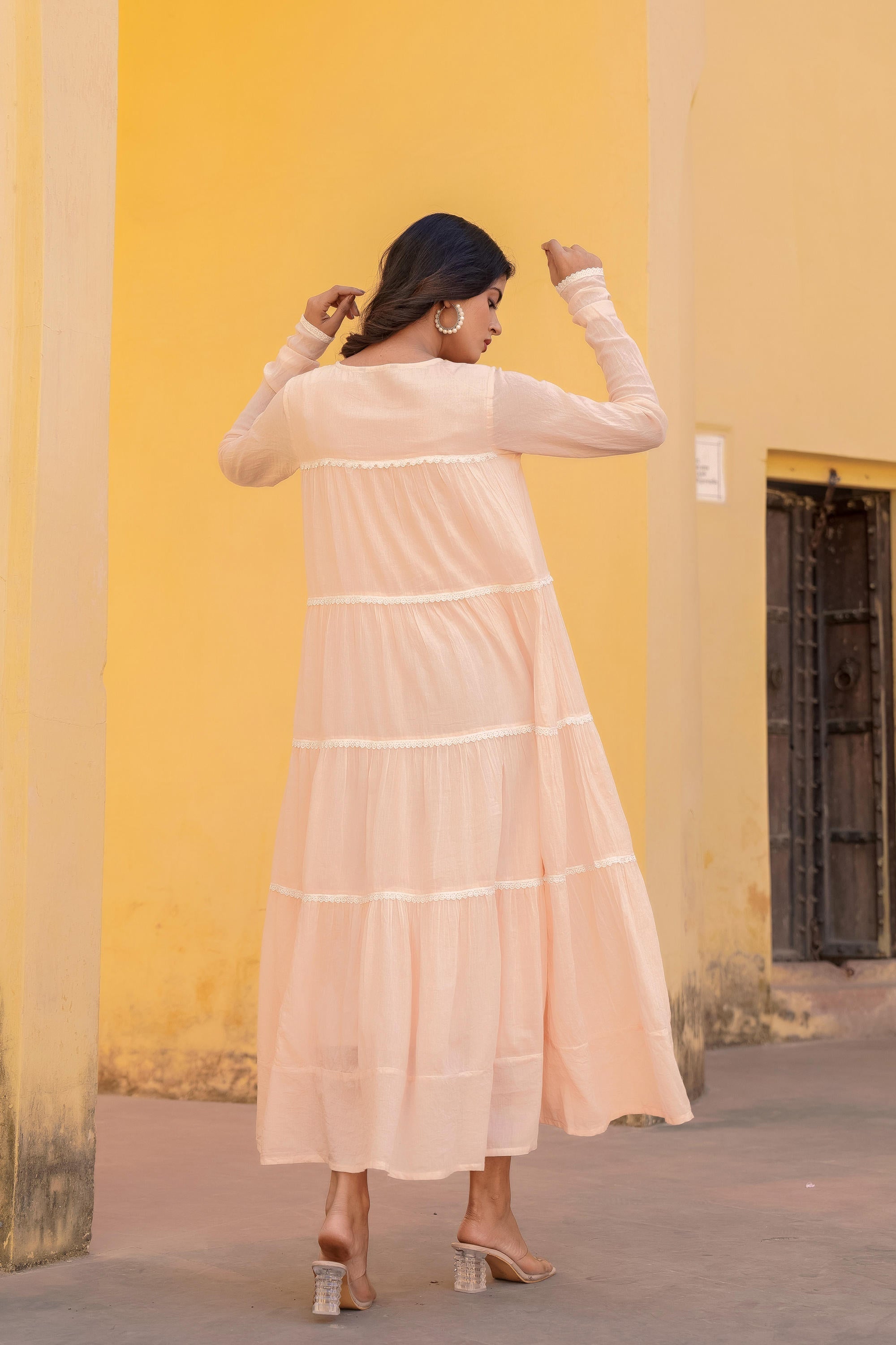 Peach Tiered Ethnic Maxi Dress with Lace Inserts
