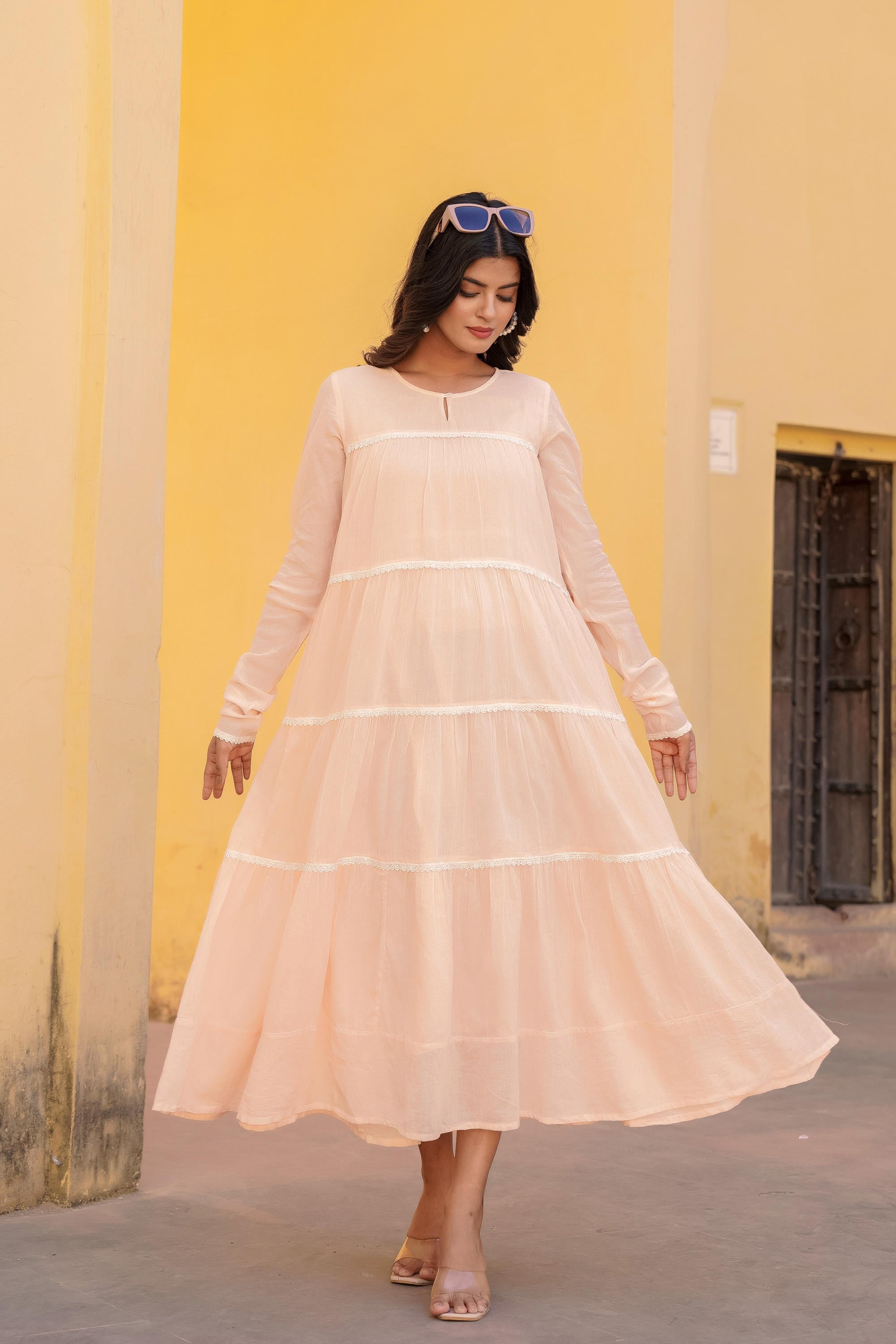 Peach Tiered Ethnic Maxi Dress with Lace Inserts