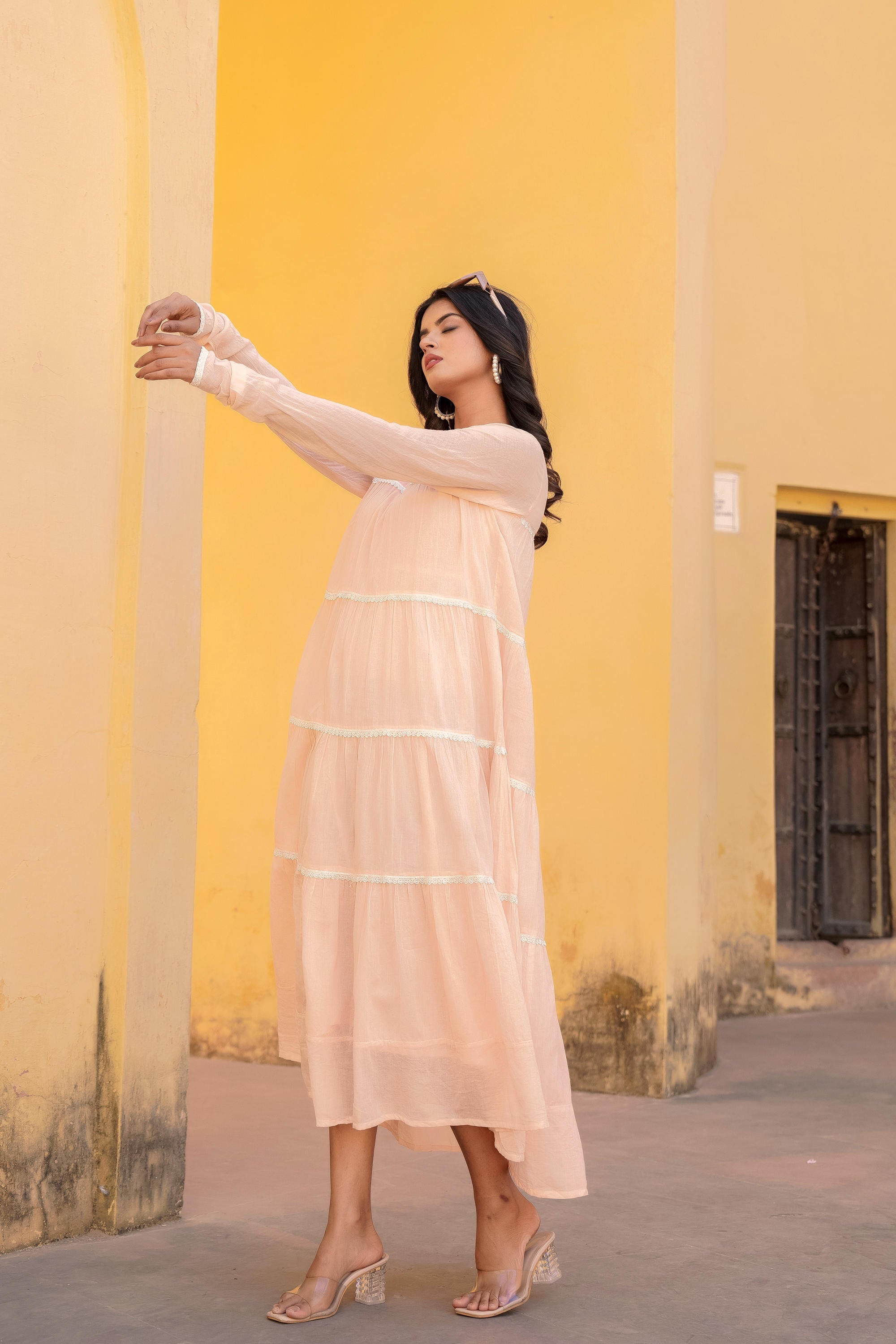 Peach Tiered Ethnic Maxi Dress with Lace Inserts