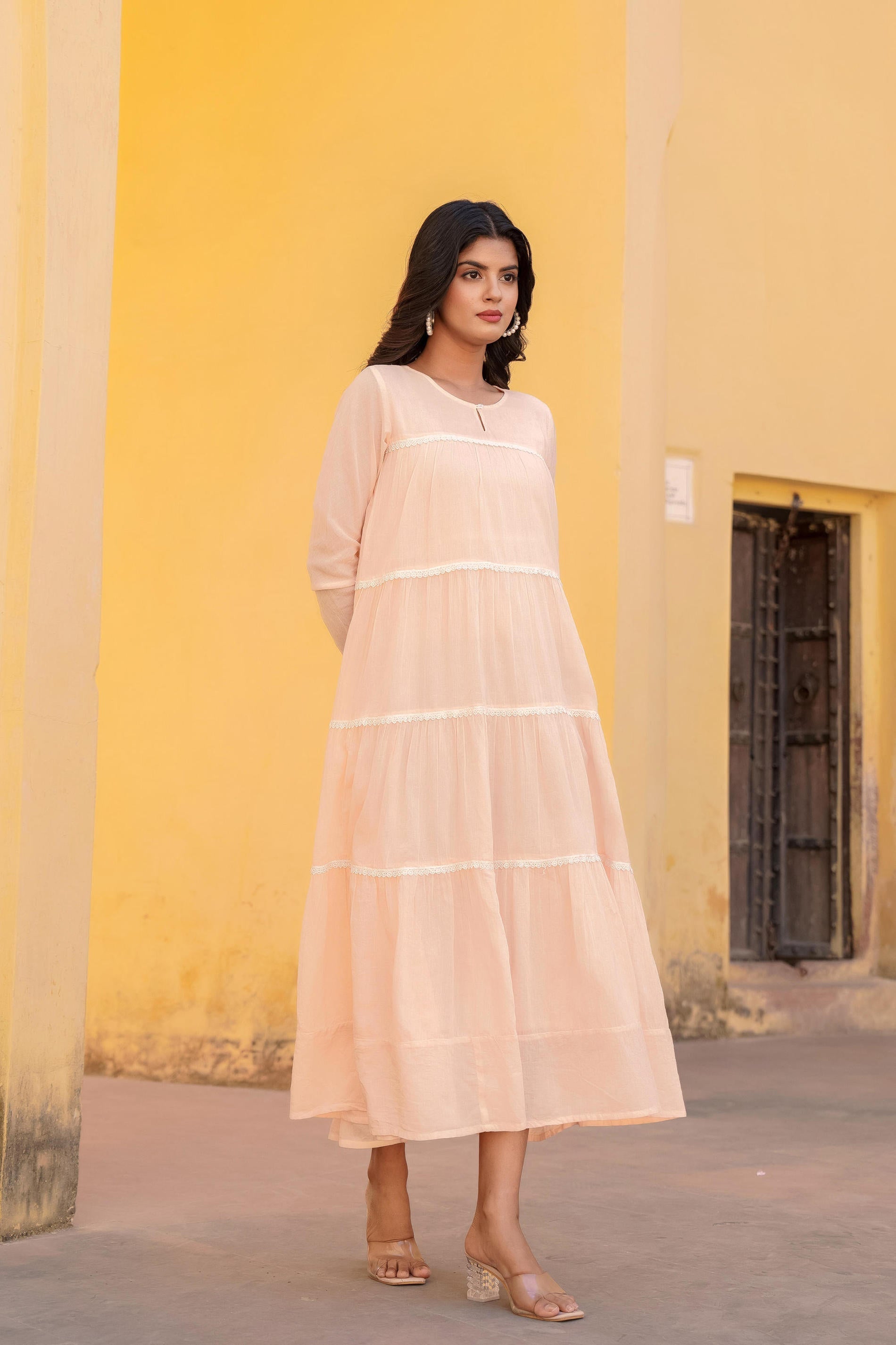 Peach Tiered Ethnic Maxi Dress with Lace Inserts