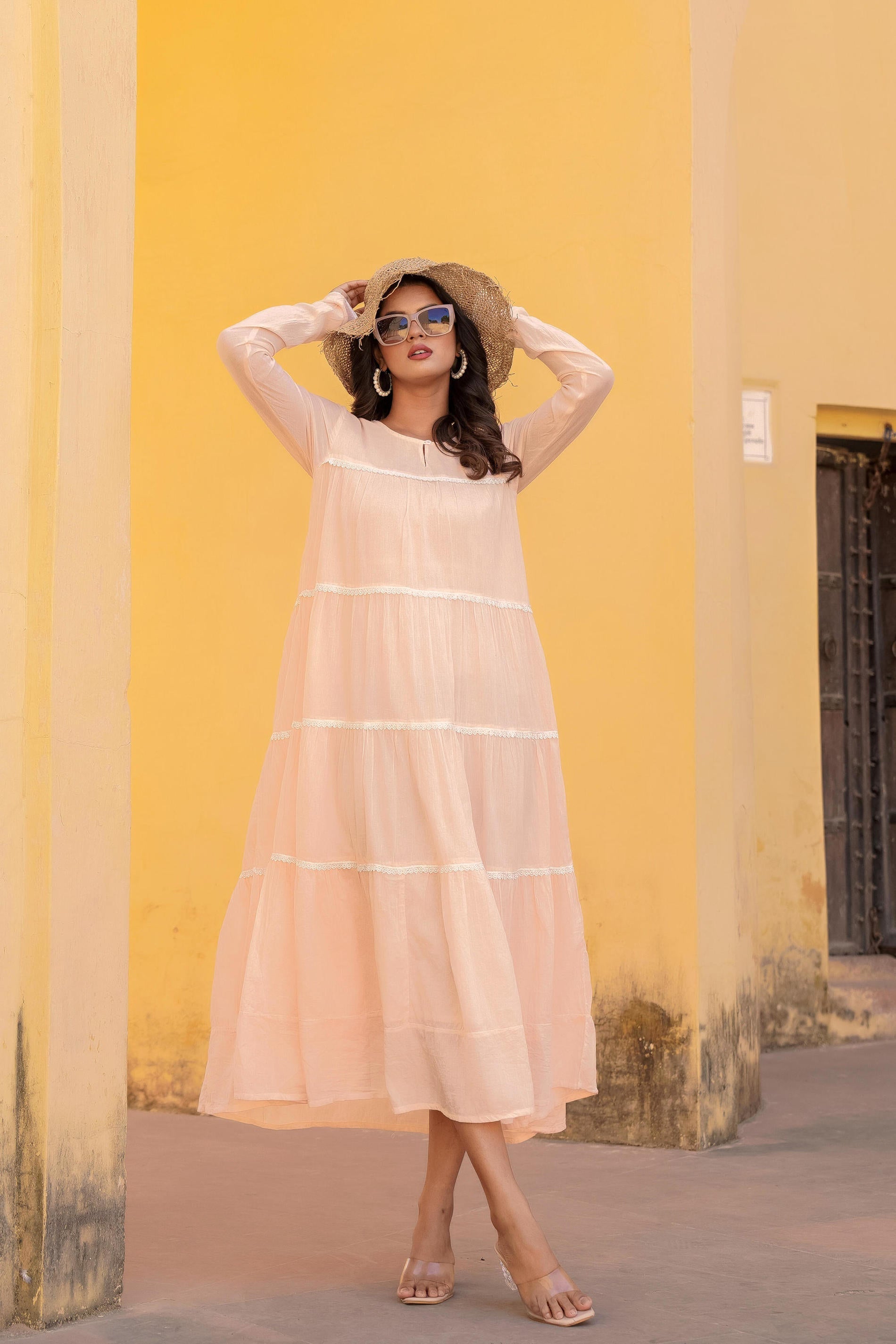 Peach Tiered Ethnic Maxi Dress with Lace Inserts