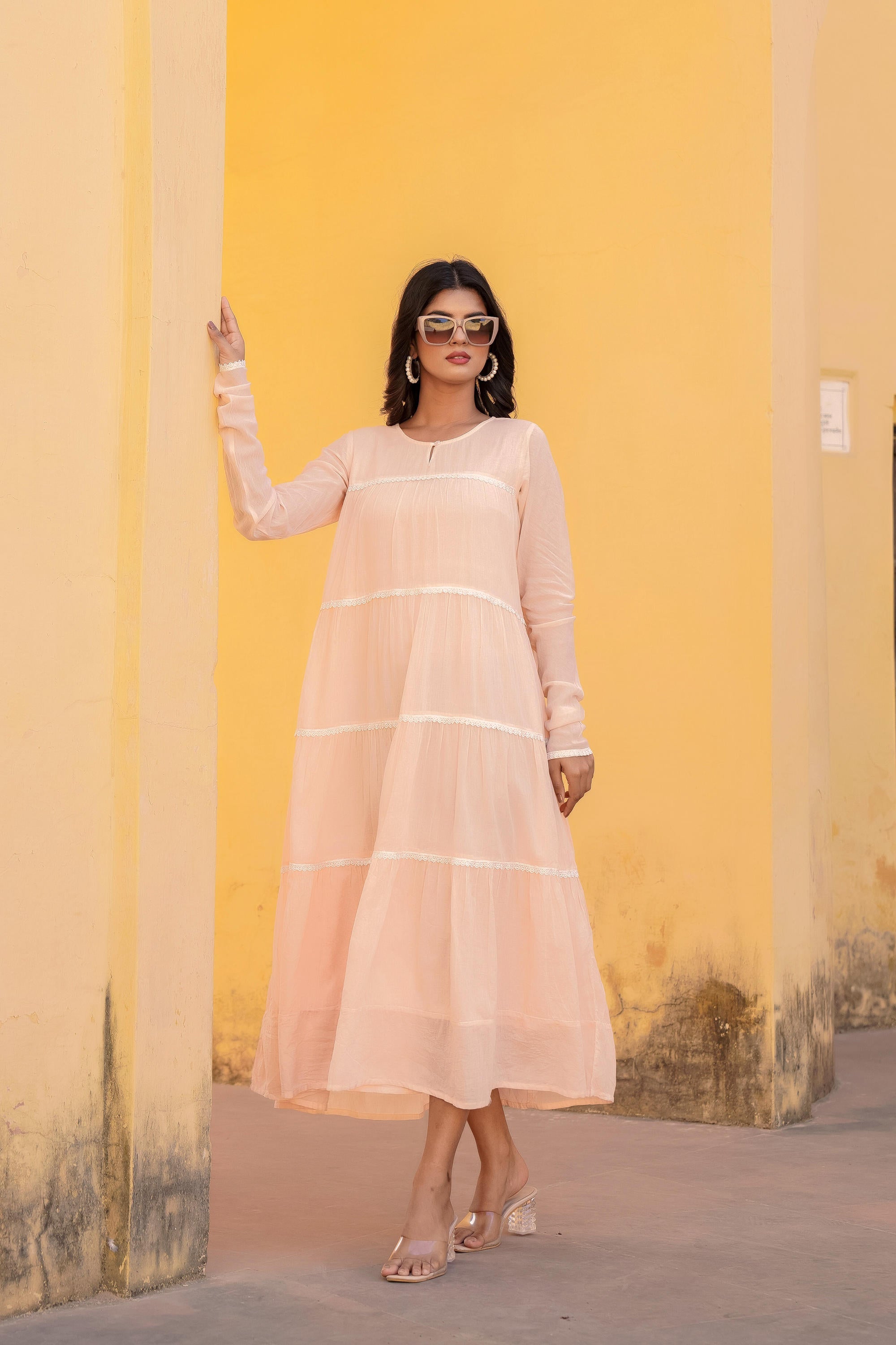 Peach Tiered Ethnic Maxi Dress with Lace Inserts