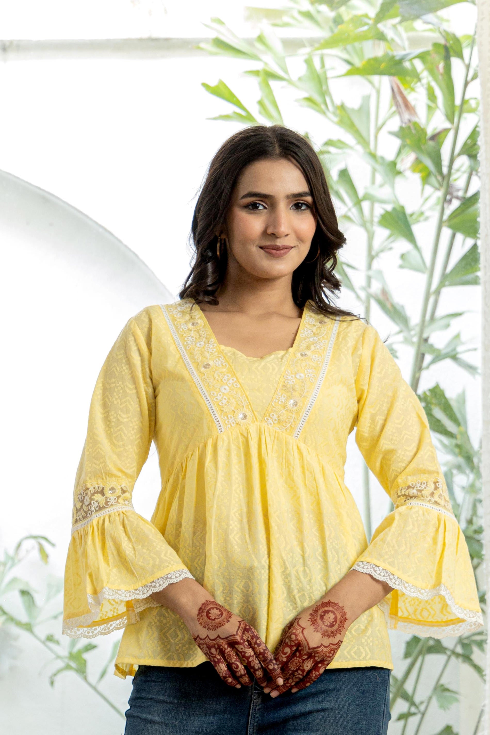 Lime Yellow Ethnic Peplum Top with Lace & Sequin Embroidery