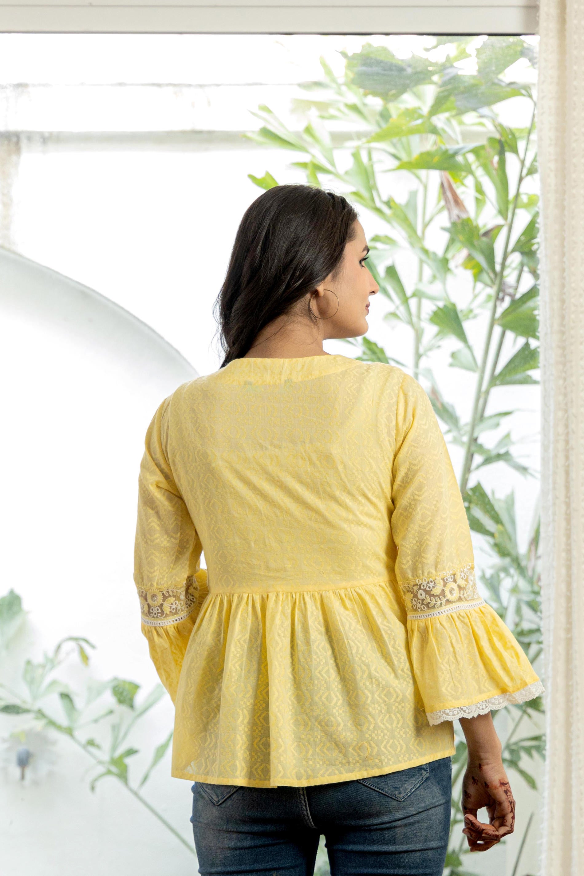 Lime Yellow Ethnic Peplum Top with Lace & Sequin Embroidery