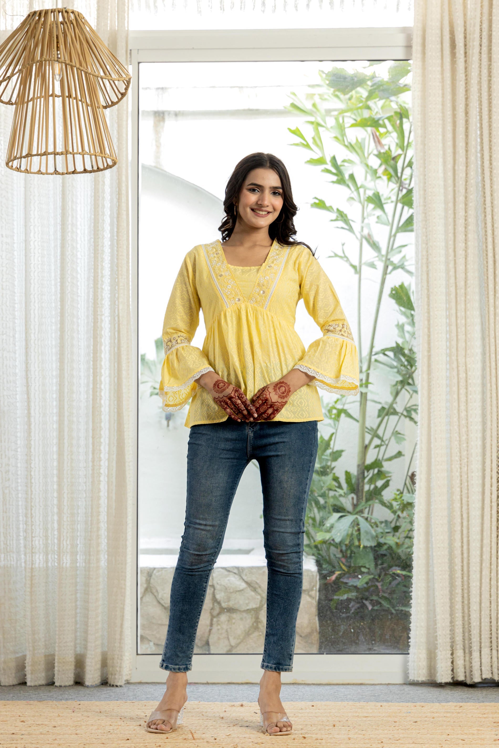 Lime Yellow Ethnic Peplum Top with Lace & Sequin Embroidery