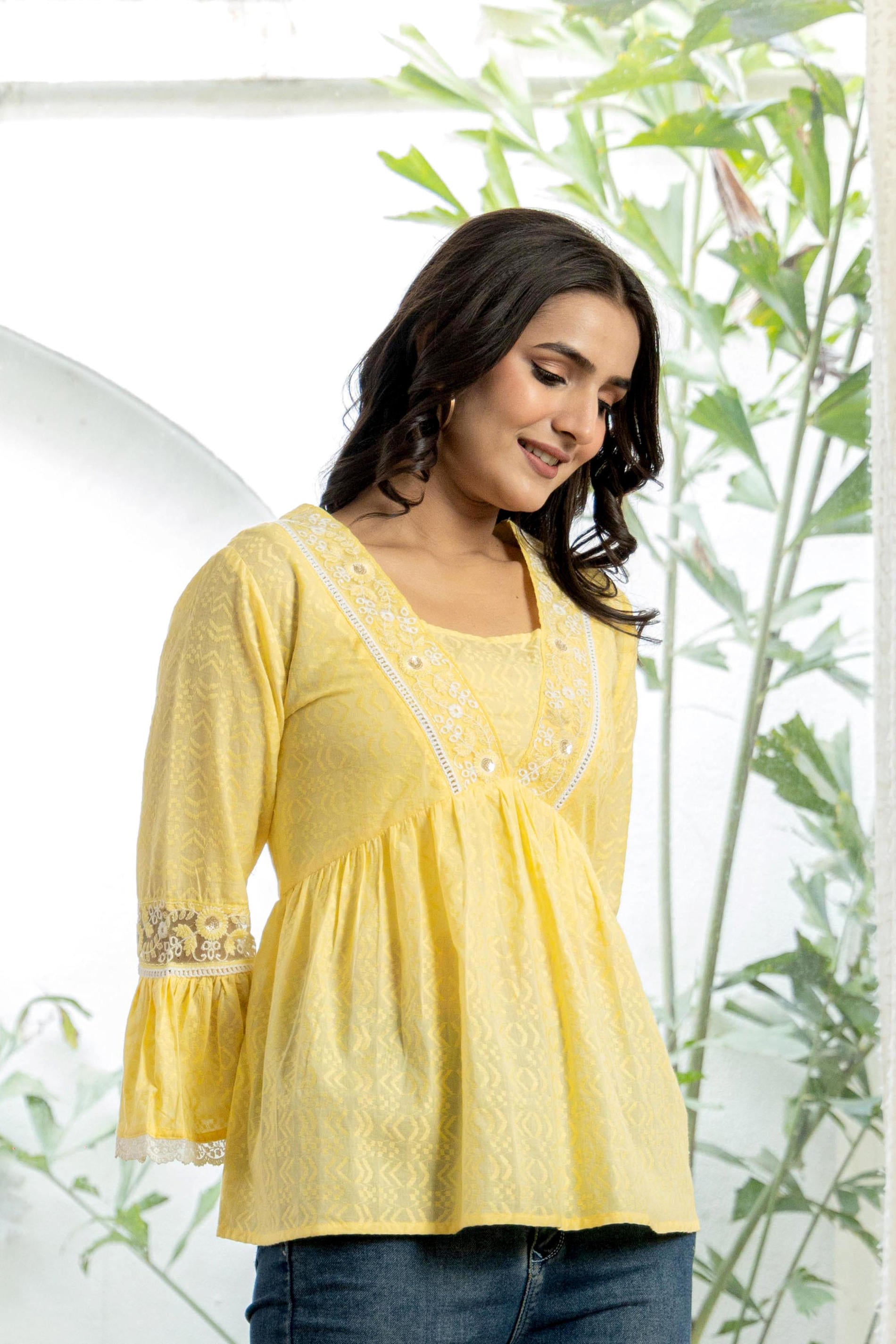 Lime Yellow Ethnic Peplum Top with Lace & Sequin Embroidery