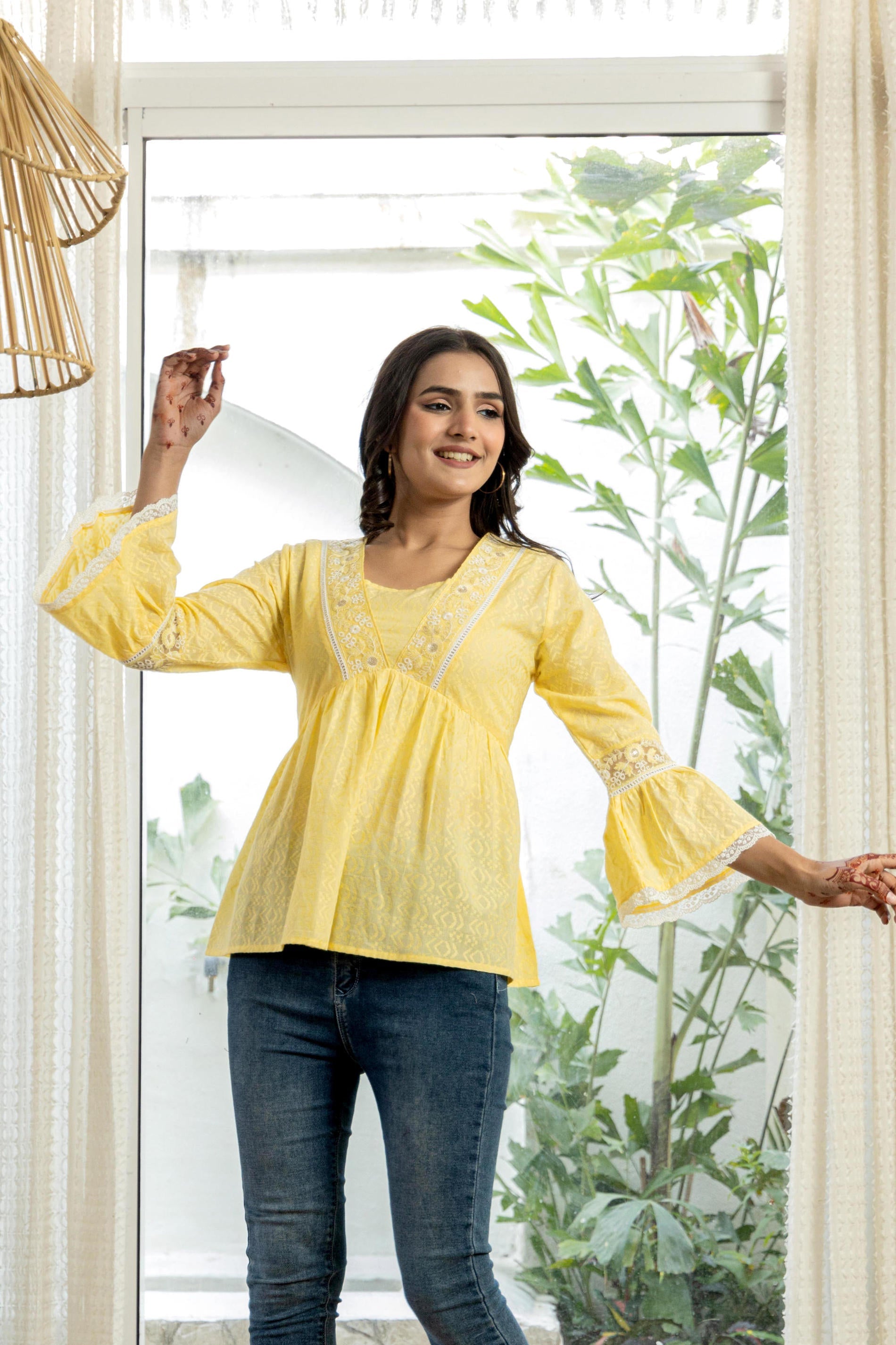 Lime Yellow Ethnic Peplum Top with Lace & Sequin Embroidery