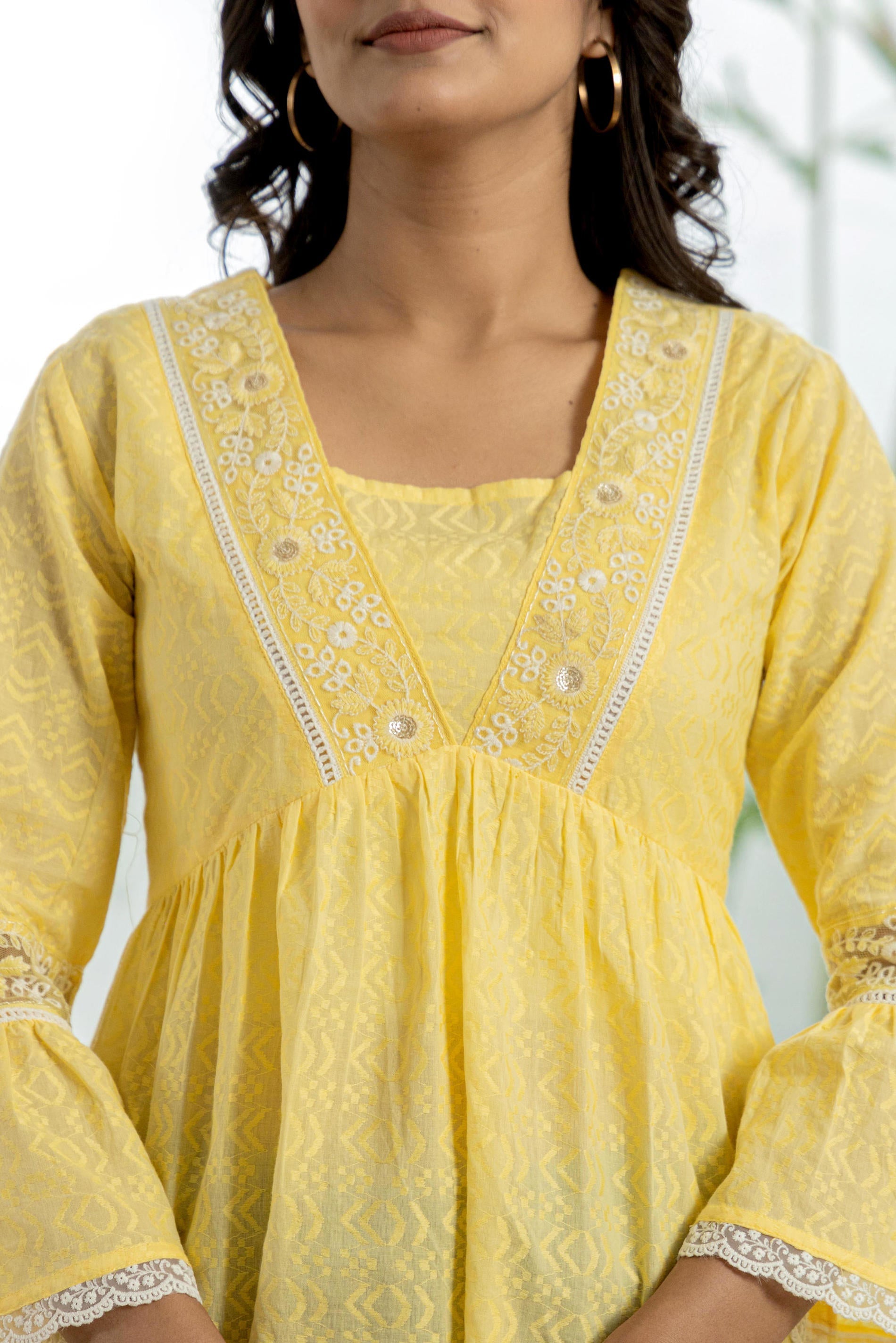 Lime Yellow Ethnic Peplum Top with Lace & Sequin Embroidery