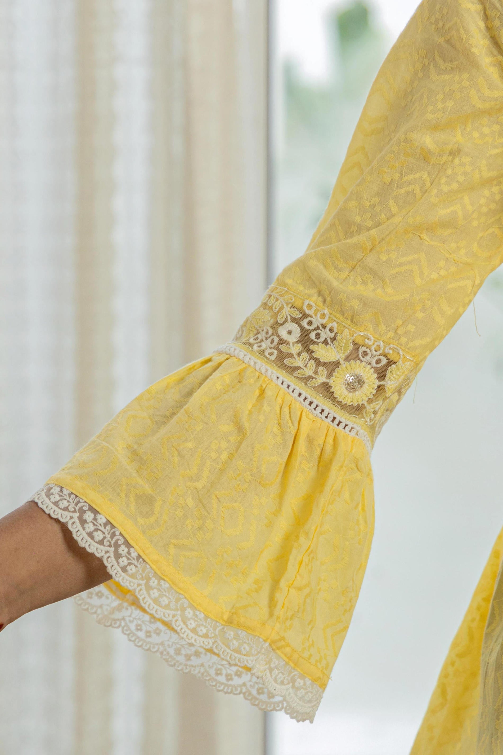 Lime Yellow Ethnic Peplum Top with Lace & Sequin Embroidery