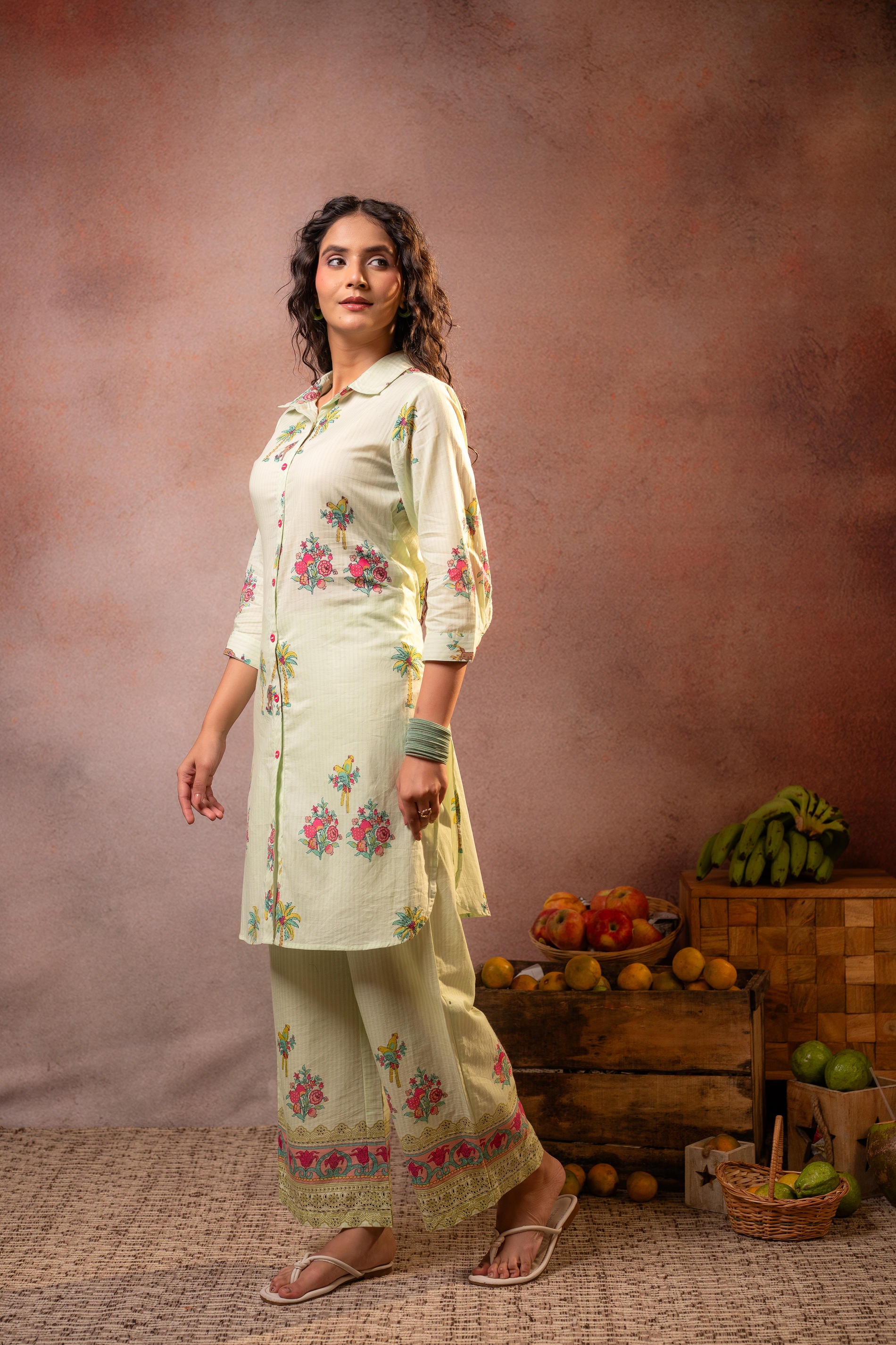 Light Green Palm Bloom Stripe Kurta Set