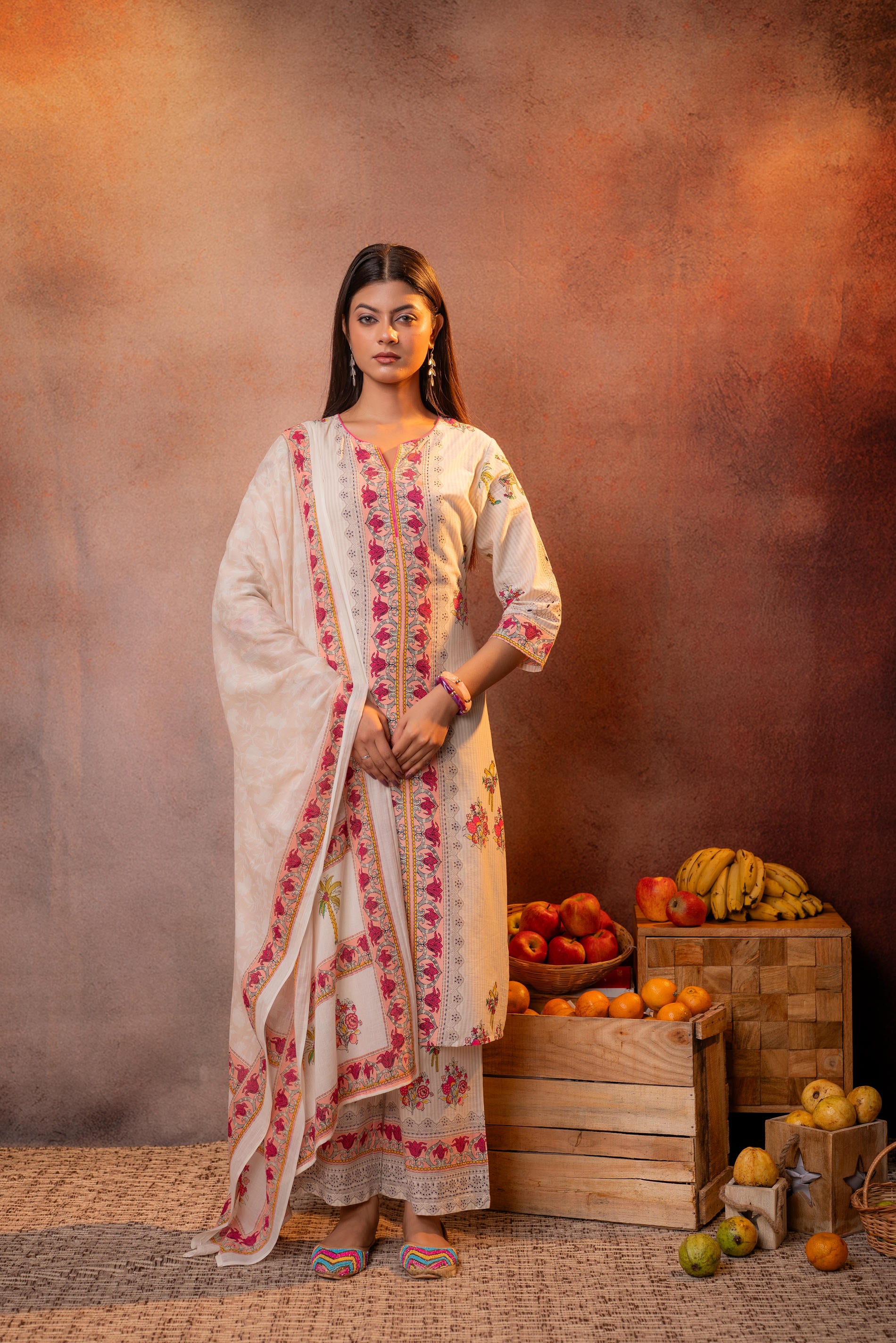 Elegant Beige Floral Straight Kurta Set with Dupatta