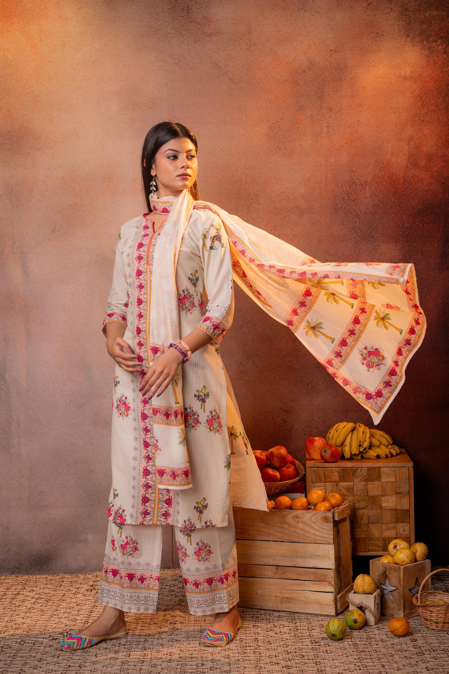 Elegant Beige Floral Straight Kurta Set with Dupatta