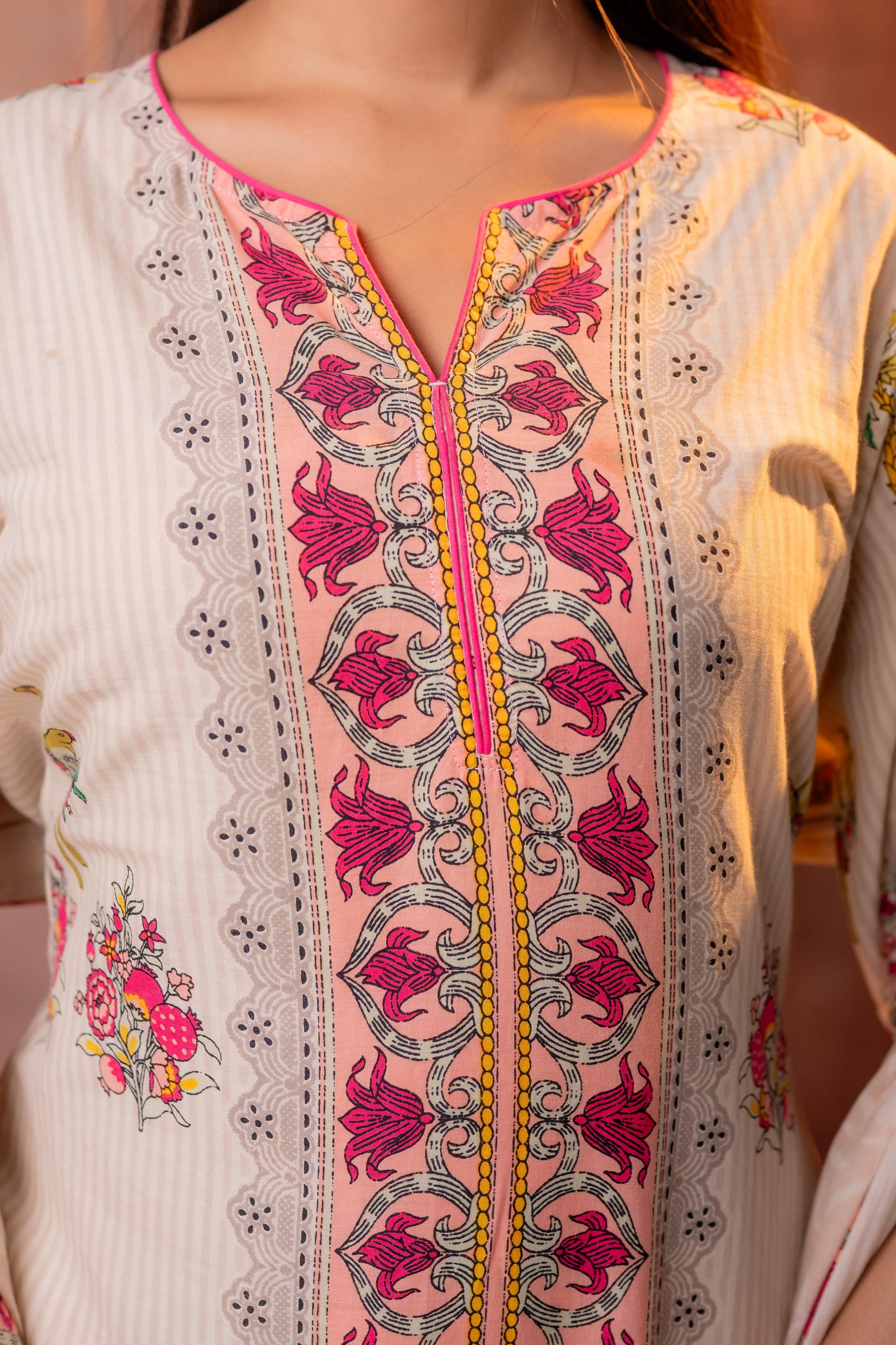 Elegant Beige Floral Straight Kurta Set with Dupatta