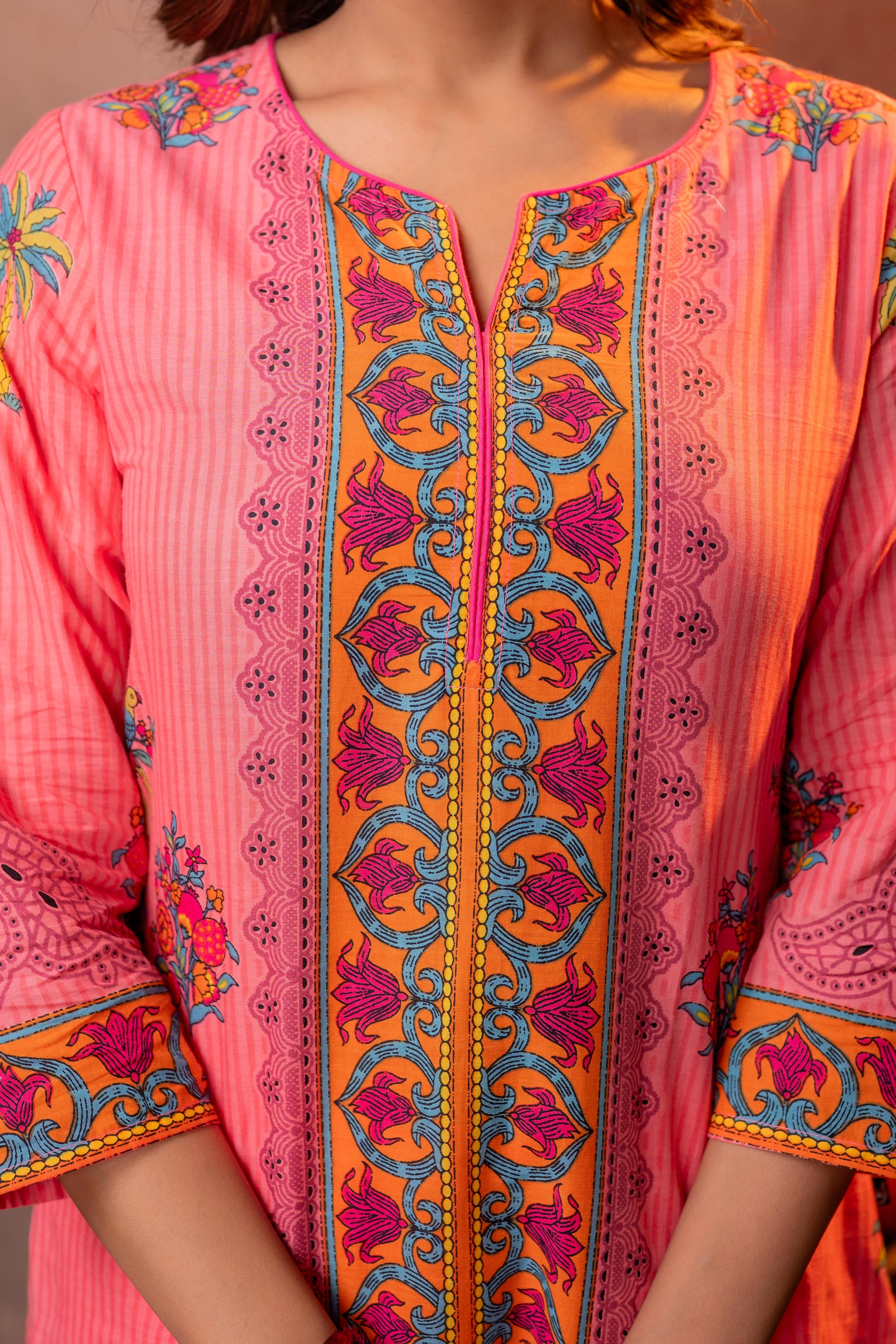 Elegant Coral Floral Straight Kurta Set with Dupatta
