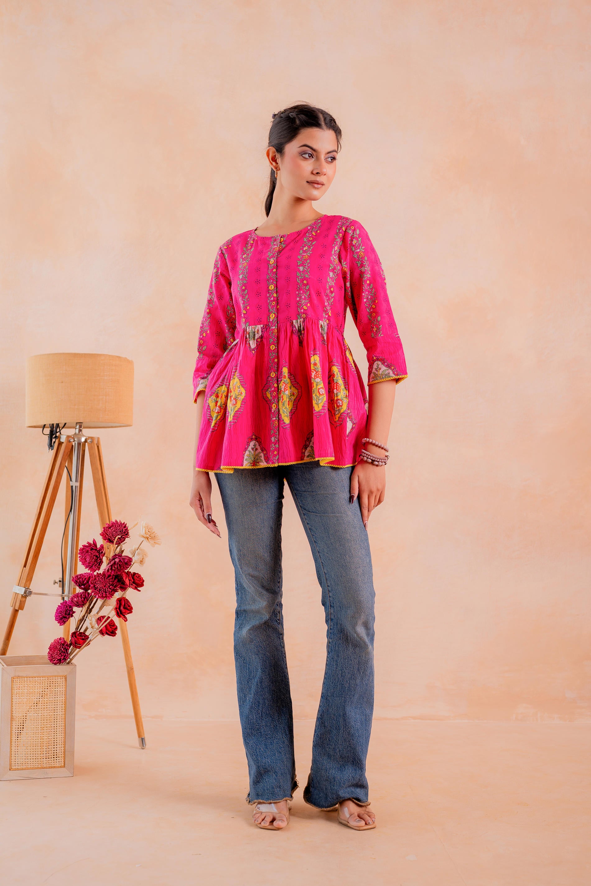 Fuchsia Printed Flared Ethnic Tunic with Button Placket