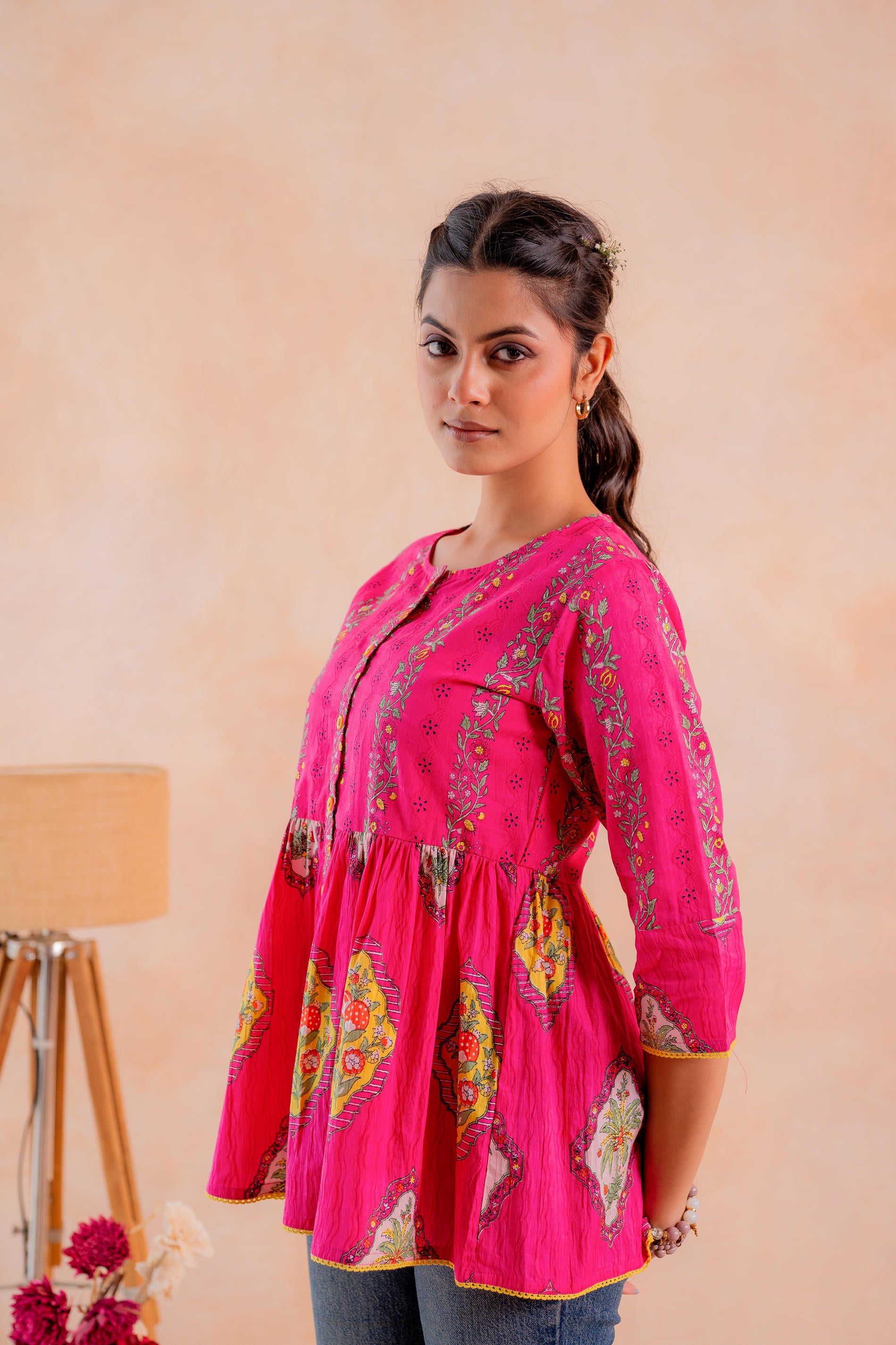 Fuchsia Printed Flared Ethnic Tunic with Button Placket