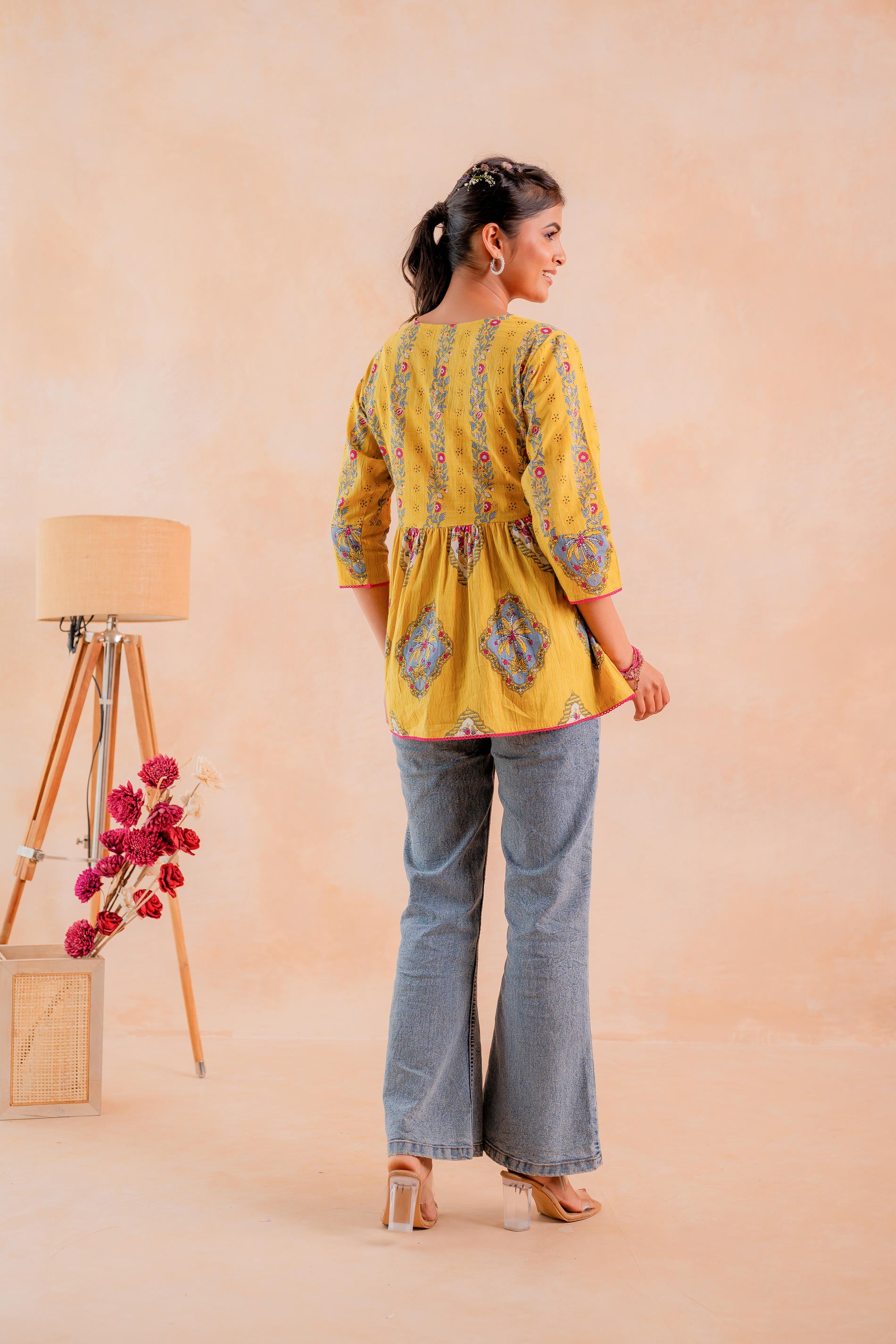 Mustard Printed Flared Ethnic Tunic with Button Placket