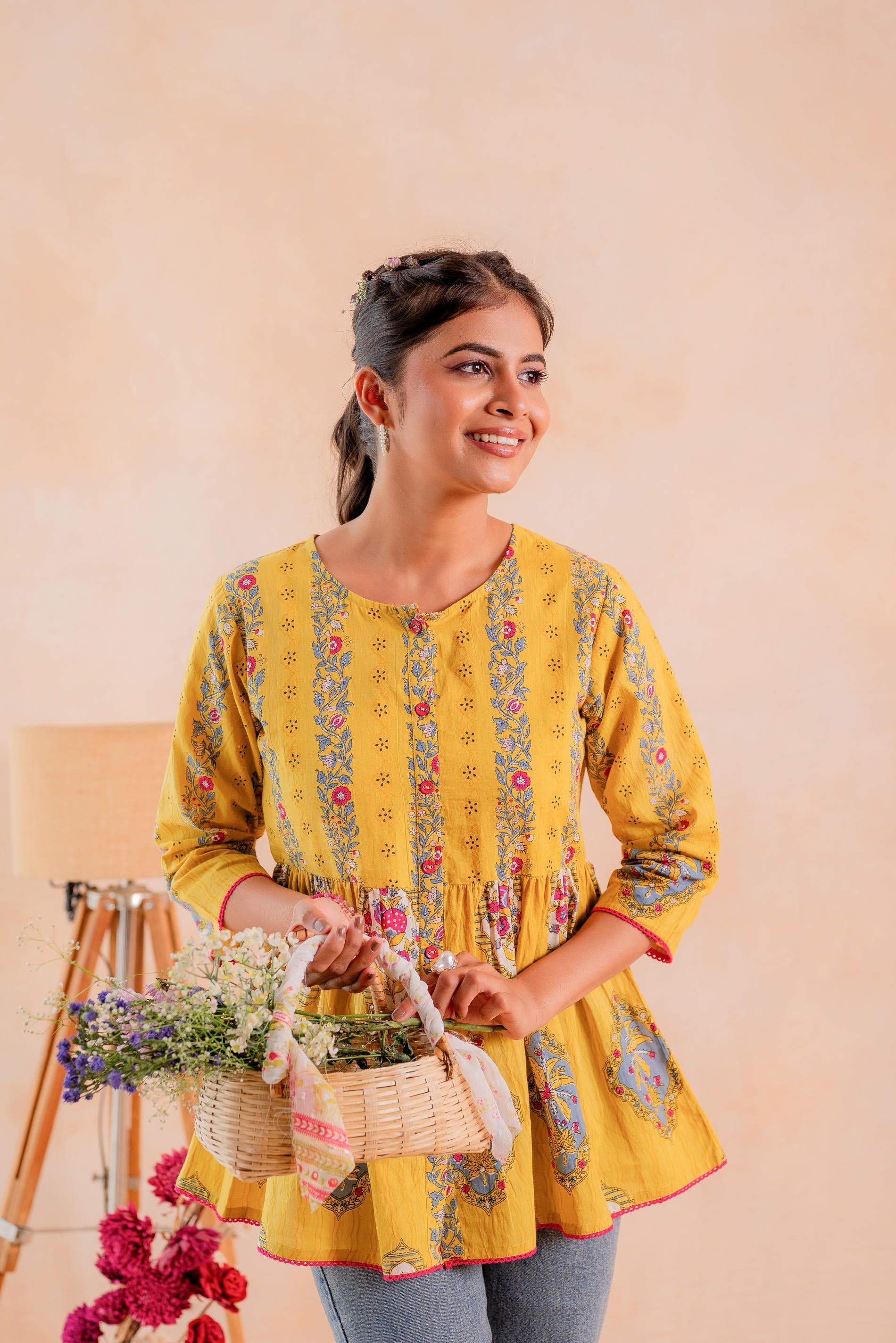 Mustard Printed Flared Ethnic Tunic with Button Placket