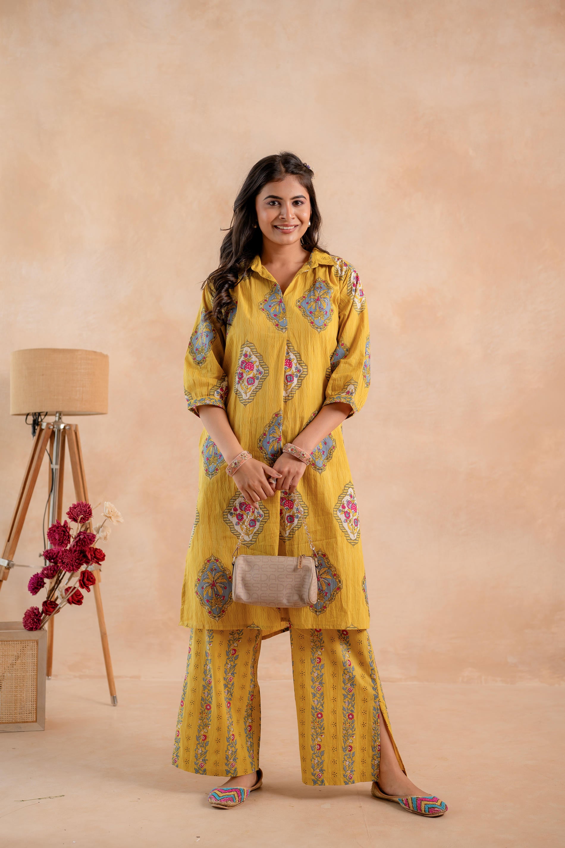 Mustard Heritage Print Kurta And Pant Set