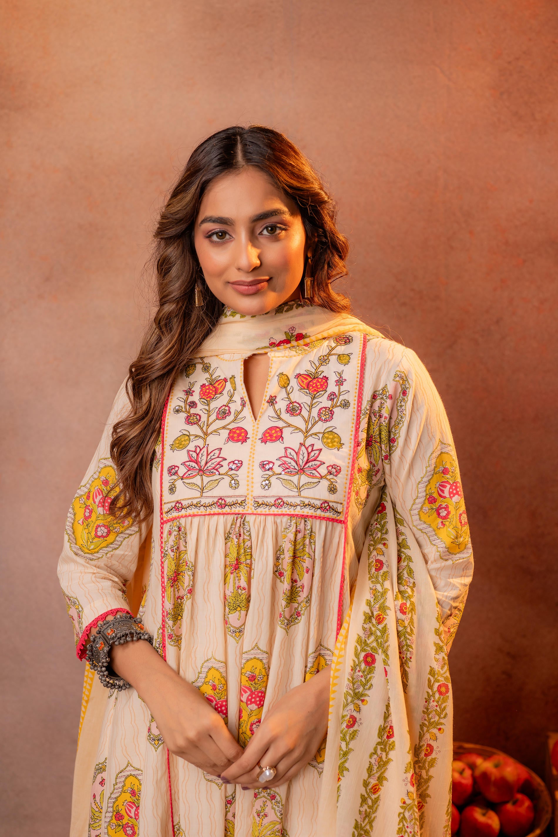 Graceful Beige Floral Anarkali Kurta Set with Dupatta