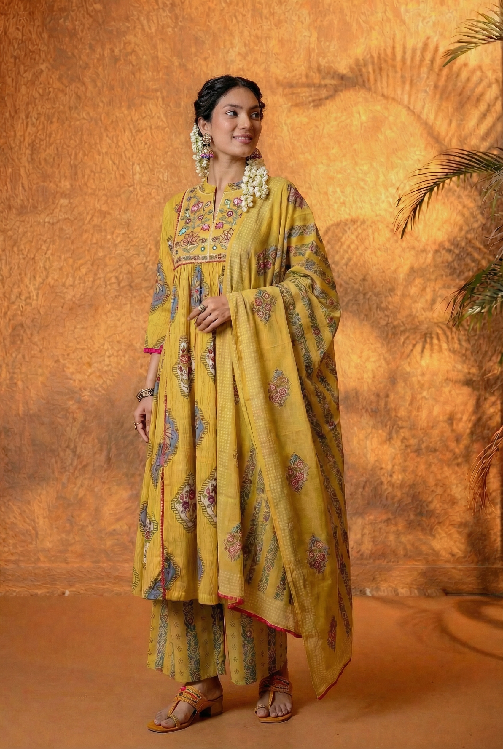 Graceful Mustard Floral Anarkali Kurta Set with Dupatta