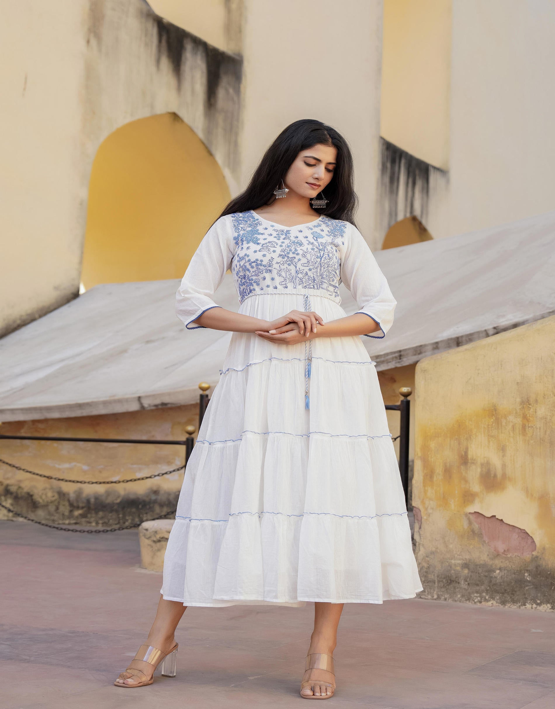White Tiered Ethnic Maxi Dress with Powder Blue Floral Embroidery