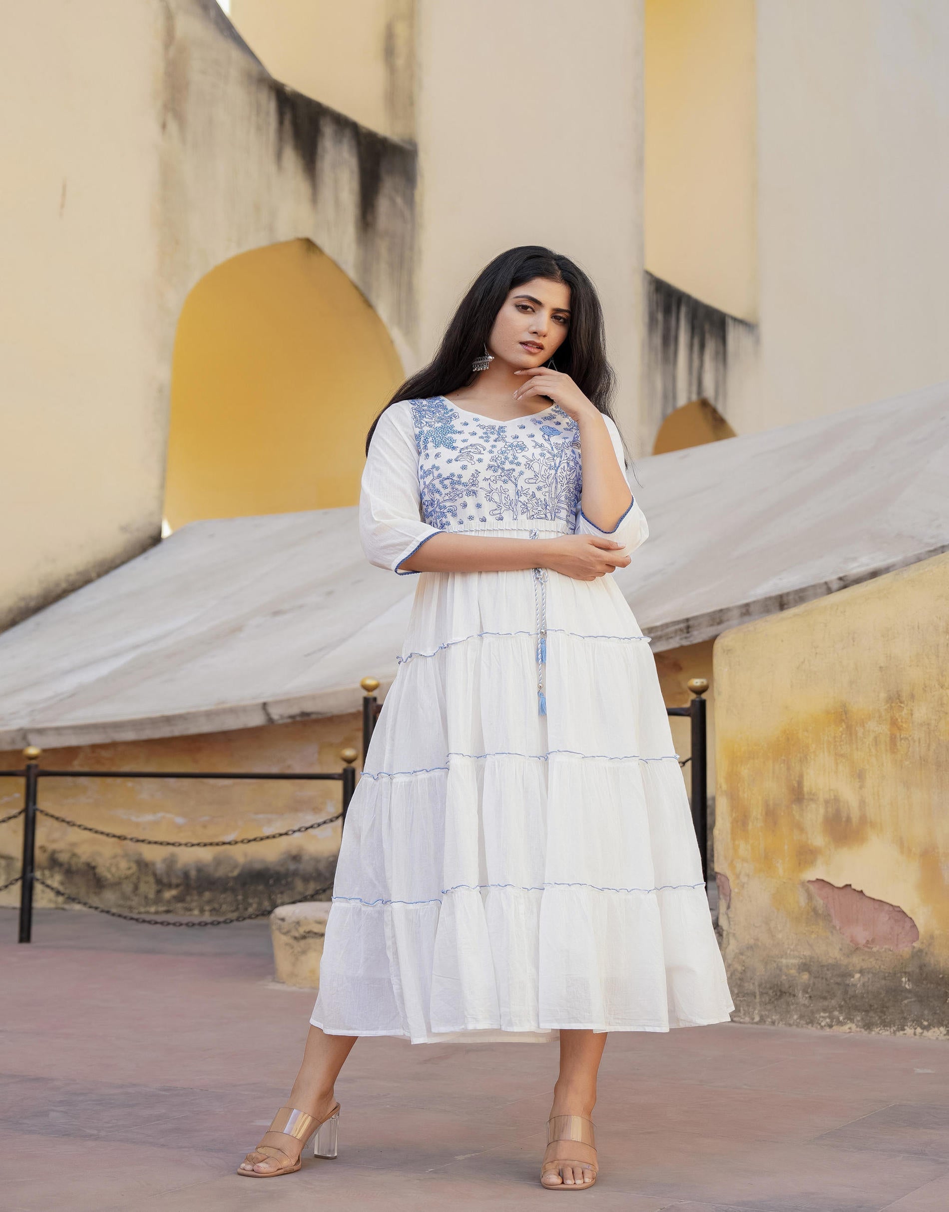 White Tiered Ethnic Maxi Dress with Powder Blue Floral Embroidery