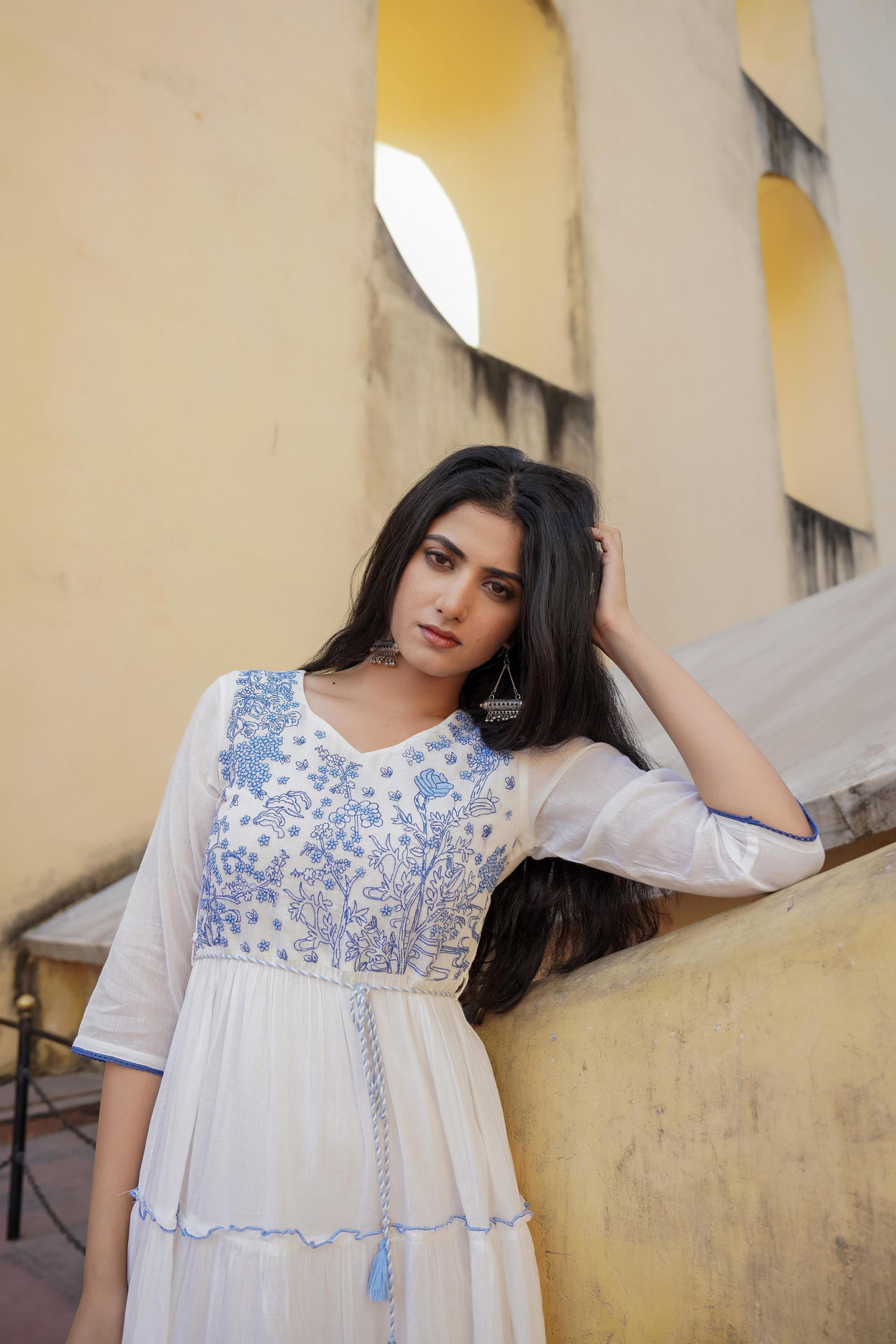 White Tiered Ethnic Maxi Dress with Powder Blue Floral Embroidery