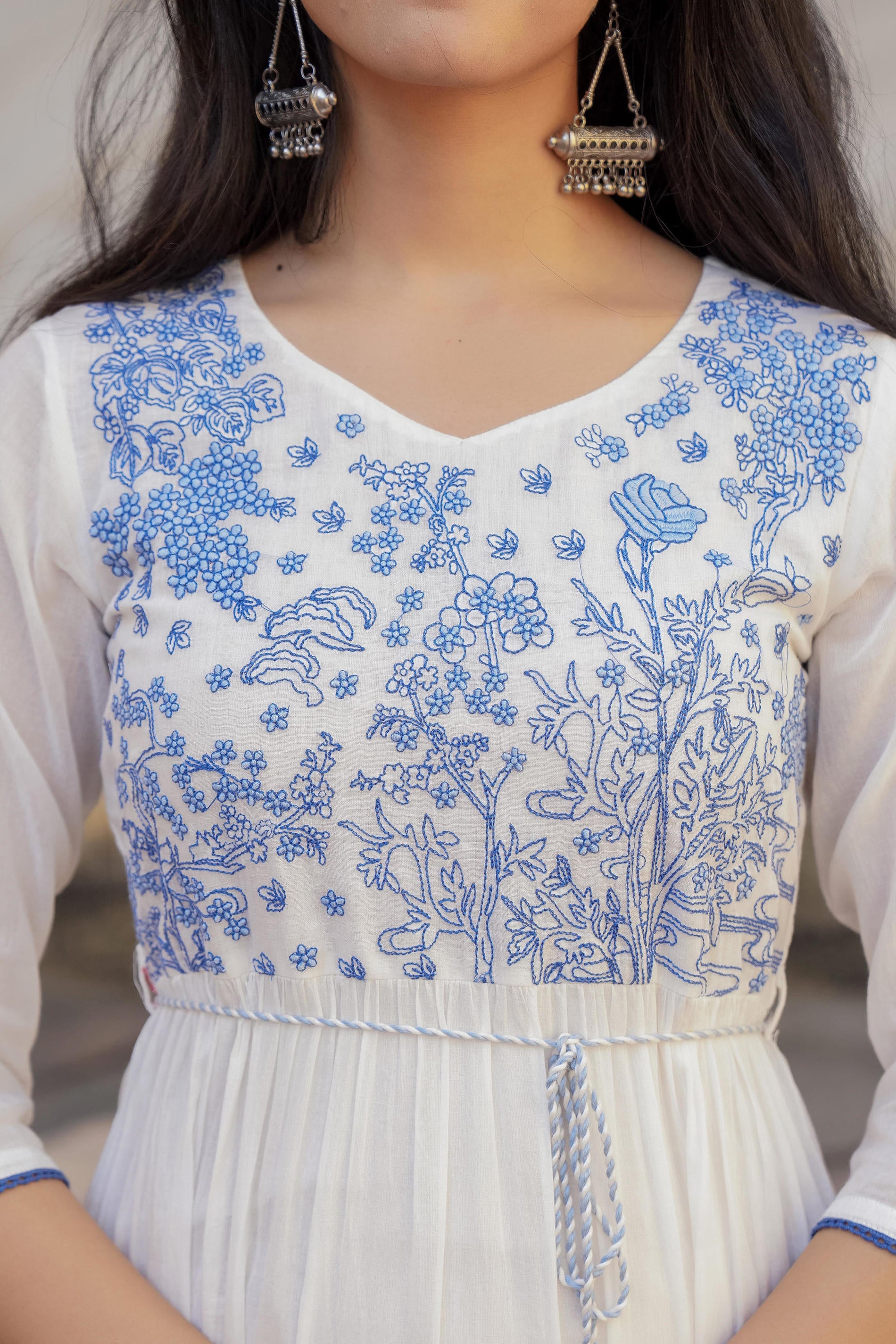 White Tiered Ethnic Maxi Dress with Powder Blue Floral Embroidery